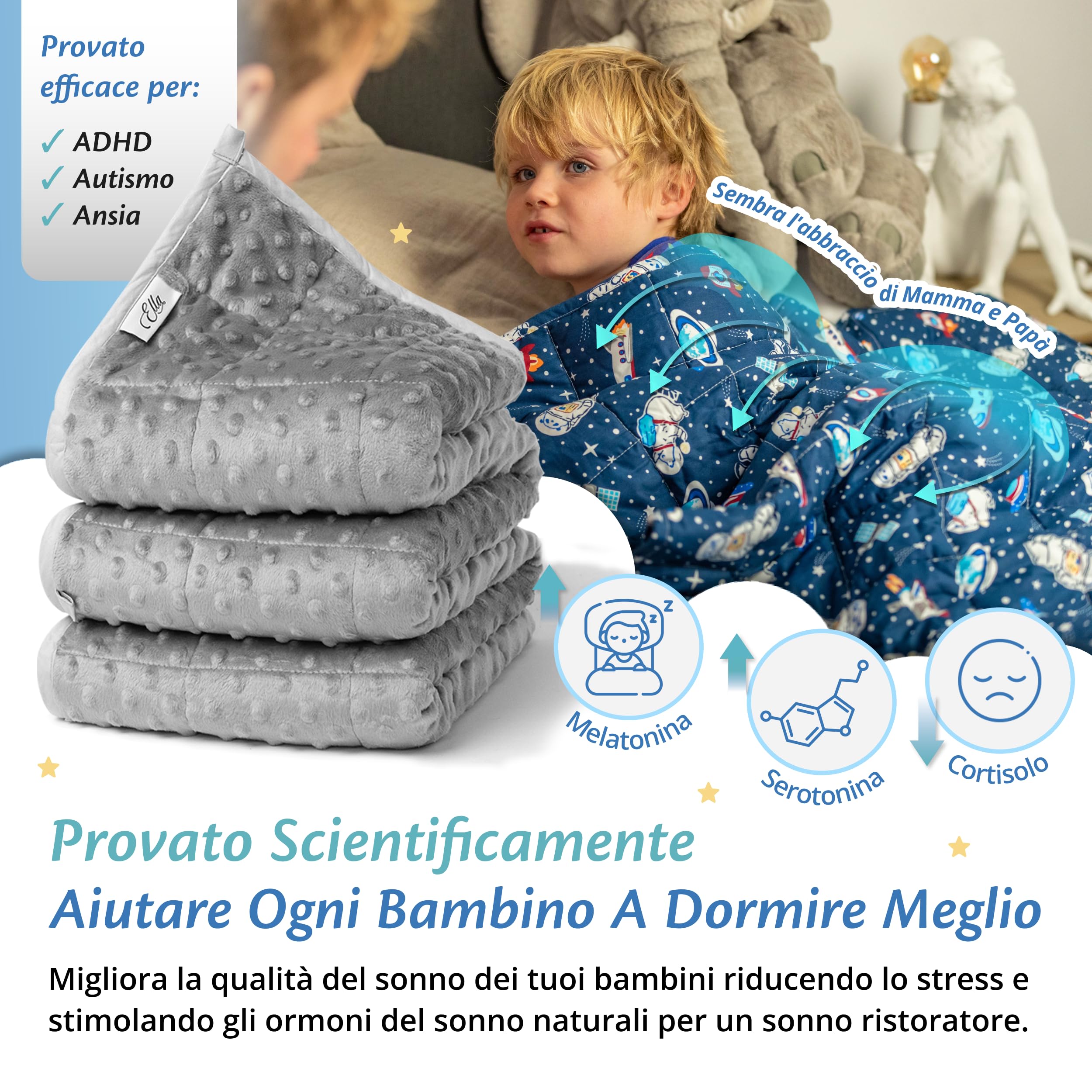 Ella Coperte Ponderate Bambini 4,5kg 100x170cm - Coperta Ponderata Rilassante per il Sonno - Perle di Vetro Ipoallergeniche, Strato Esterno in Cotone Morbido e Fresco - Per Bambini 40-60kg - Minky