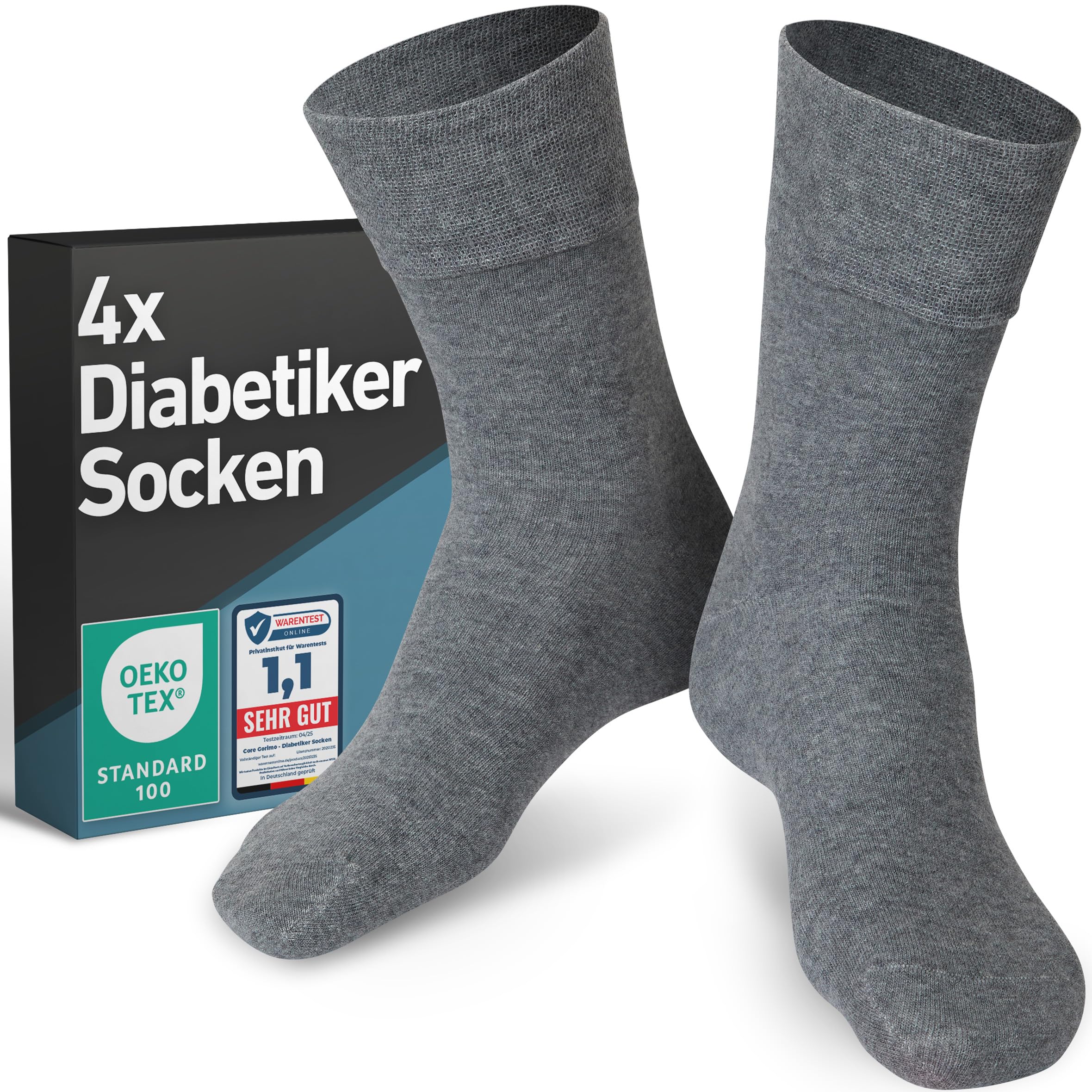 CORE GORIMO - 4 Paar - Diabetikersocken ohne Gummibund Herren und Damen - hochwertige Baumwolle - Diabetikersocken Herren und Diabetiker Socken Damen für jede Lebenslage (45-48, Grau)
