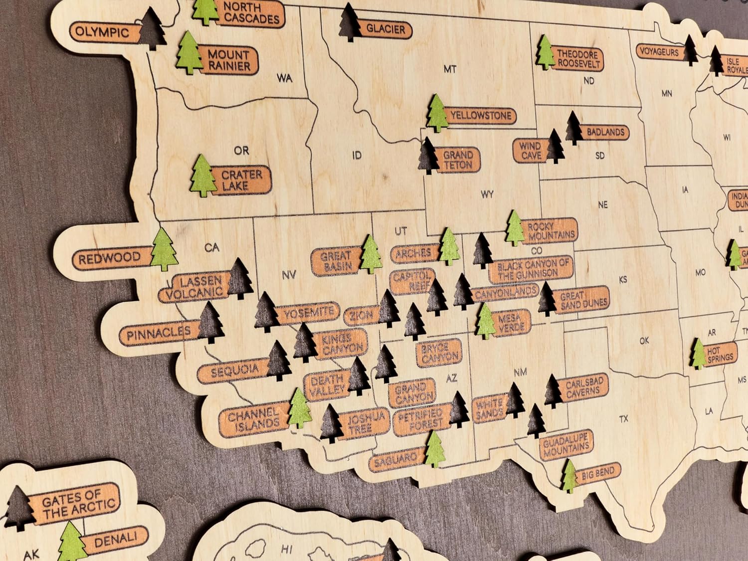 US Wooden National Parks Travel Map With Trees To Record Park Visits (Coffee, Size XL: 27 x 17 inch)