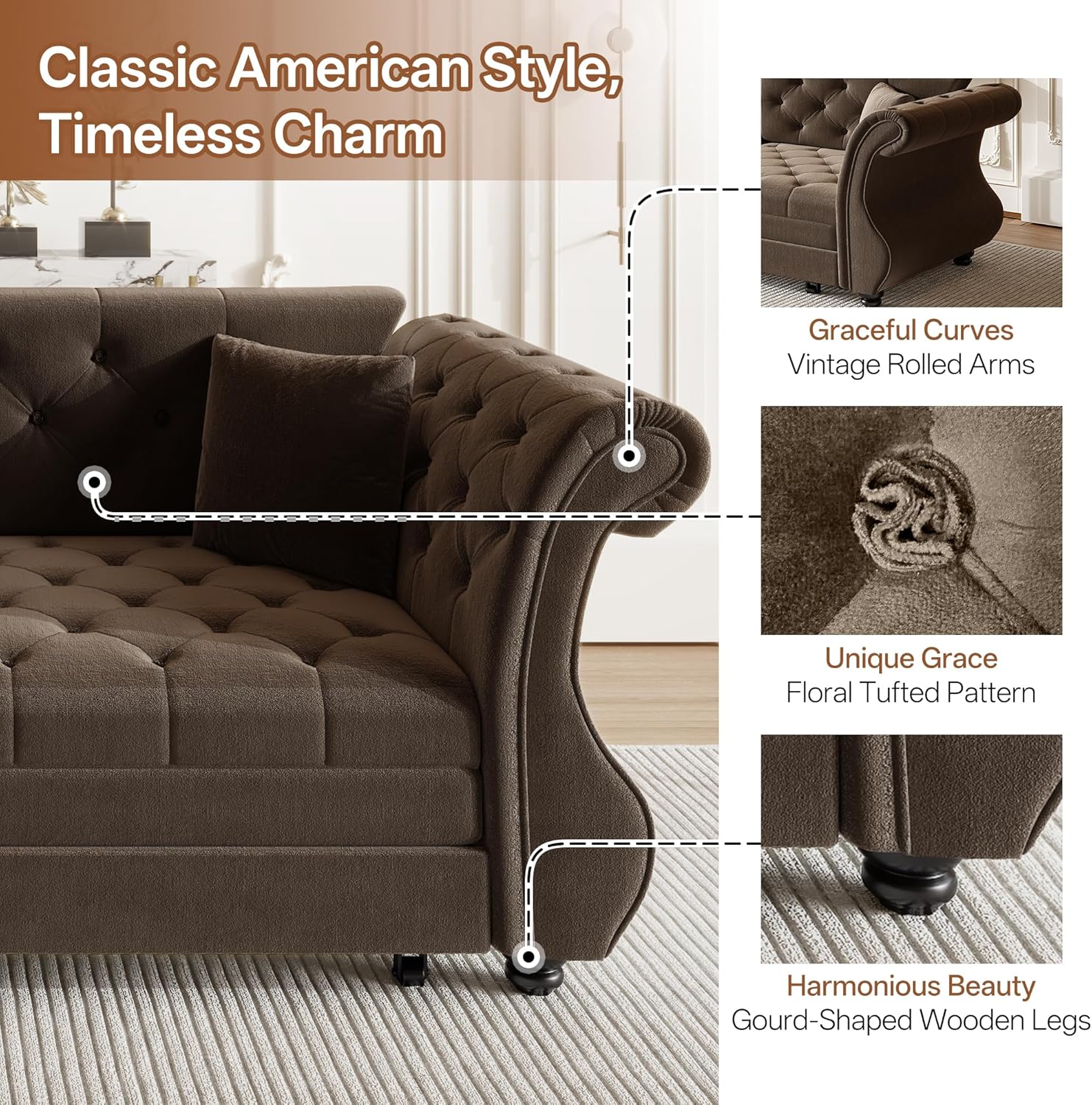 83.8'' Queen Size Pull Out Sofa Bed, Velvet 3-in-1 Convertible Sleeper Sofa Bed, Chesterfield Rolled Arm, Flower Tufted, Oversized Deep Seat Loveseat Sofa for Living Room, Apartment, Brown | Breathable material