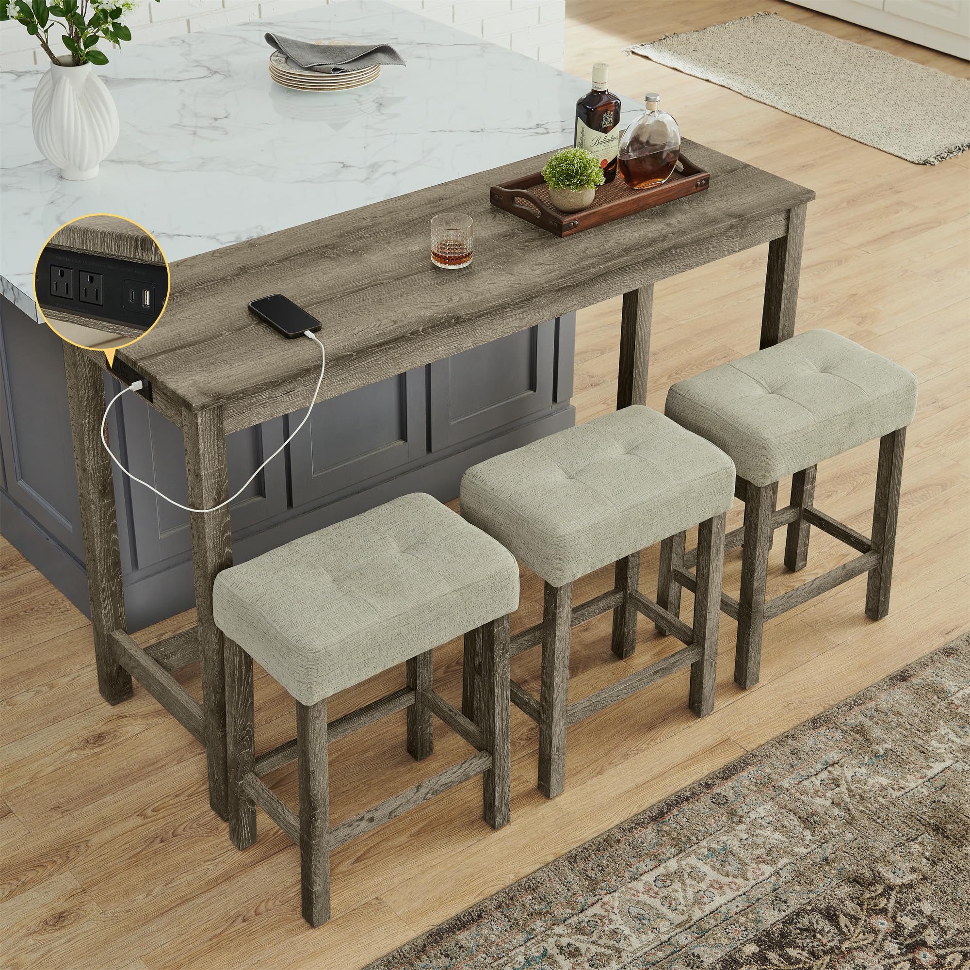 Merax 59" Bar Table Set with Power Outlet,Industrial Breakfast Table with 3 Upholstered Stools w/Footrest,4 Piece Counter Height Bar Table and Chair