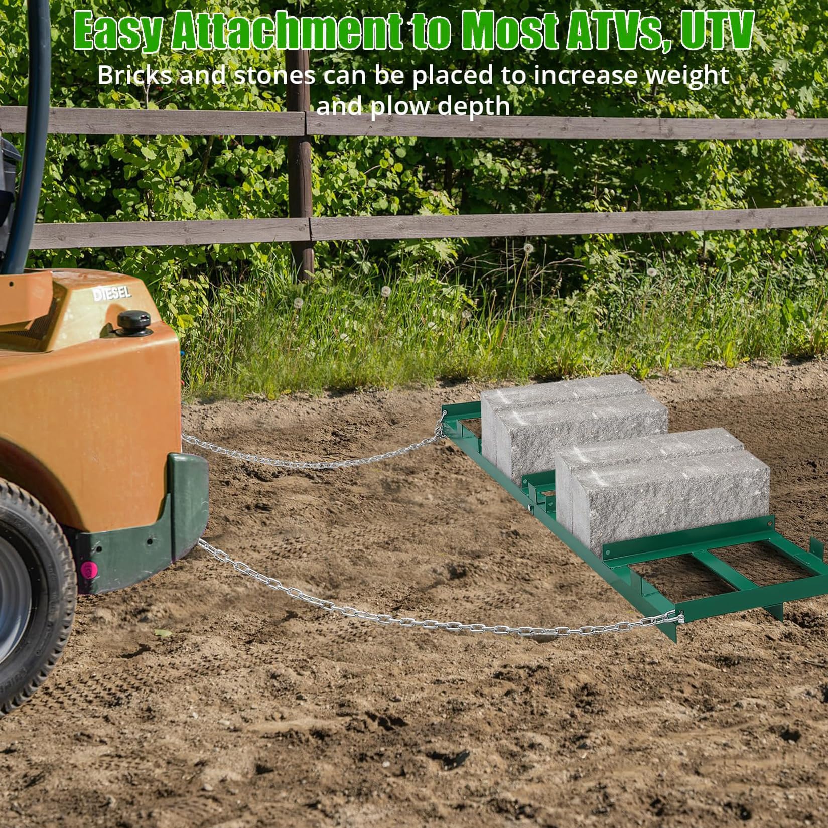 Garvee Herse de nivellement lourde pour pelouse et allée – Accessoire pour tondeuse, ATV, UTV, tracteur – Égalise gravier, sable, sol – Chaîne 6FT incluse – Durable – Vert, 122x51cm