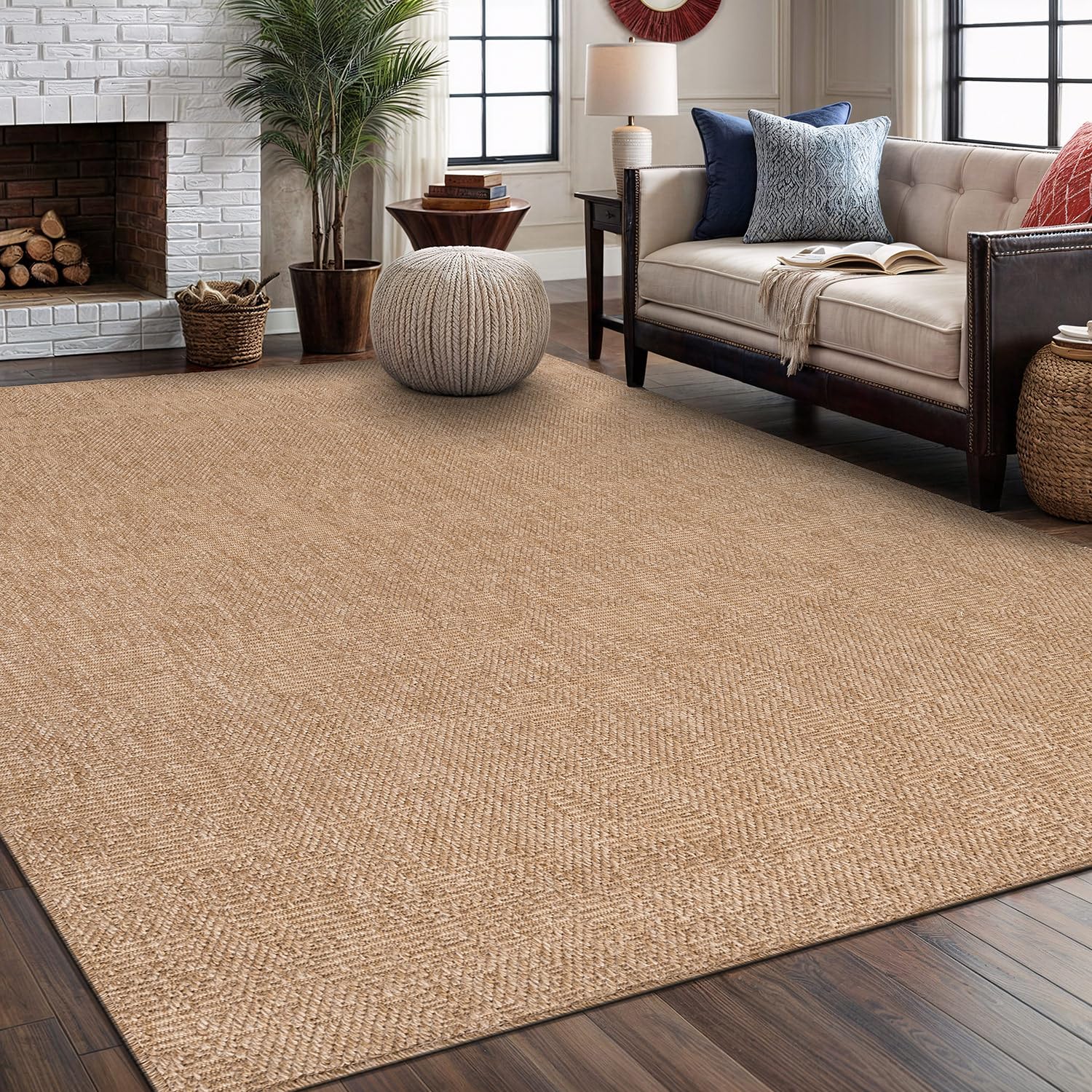 washable easy jute rug indoor outdoor rugs natural color farmhouse area rugs for living room, kitchen rug high traffic area, easy to clean solid boho woven design outside carpet (5 x 7 natural)