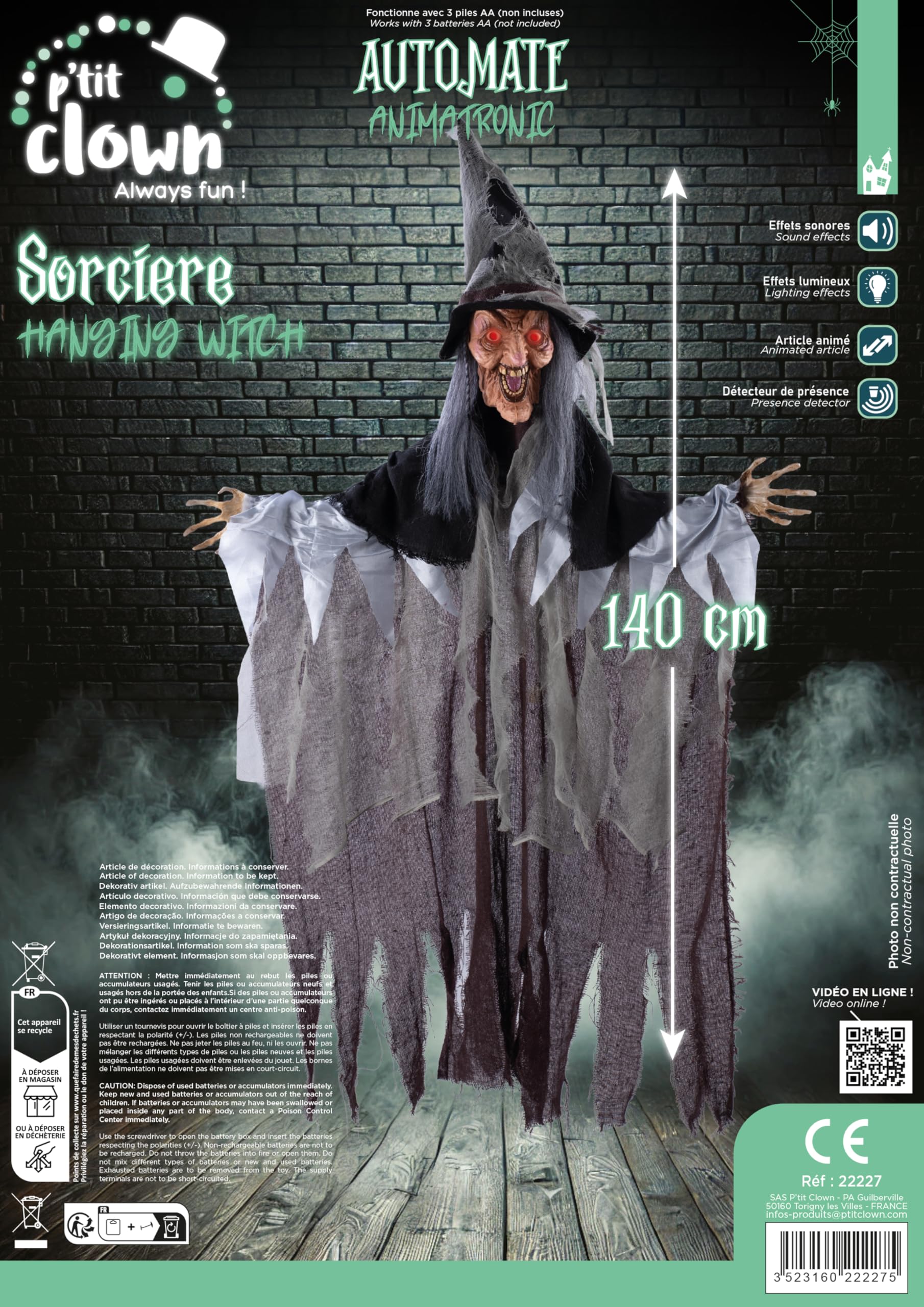 P'tit Clown re22227 - Strega grigia luminosa sonora e animata da appendere, 140 cm
