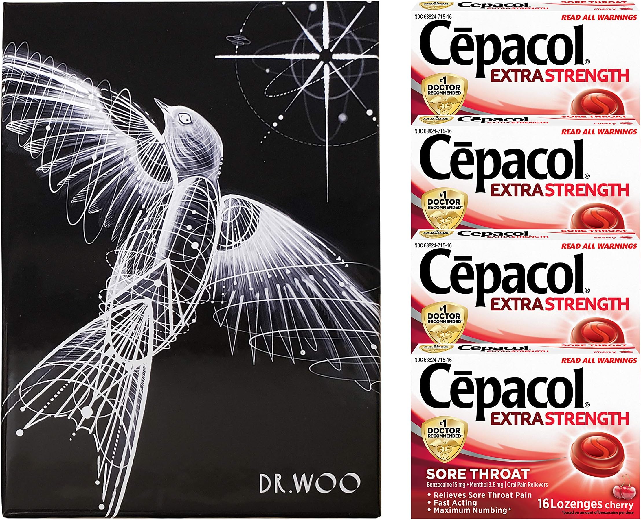 Cepacol Extra Strength Sore Throat Lozenges, Oral Pain Reliever, Cherry Flavor with Menthol, 16ct x 4 Pack (64 ct) Dr Woo Designed Customized Gift Box