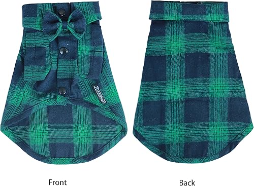 Miniatura 2 de Camisa a cuadros para perro, ropa suave y casual para mascotas, camisa de algodón para perros con moño para bodas, trajes de Navidad (Mediana, Verde