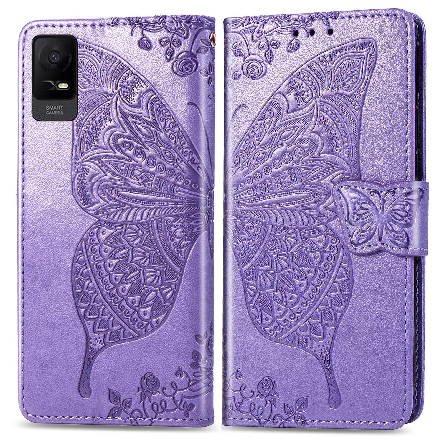 DAMONDY for TCL ION X Flip Case,Butterfly Embossed Flowers PU Leather Magnetic Flip Cover Stand Card Holders Hand Strap Wallet Purse Case for TCL ION X -Light Purple