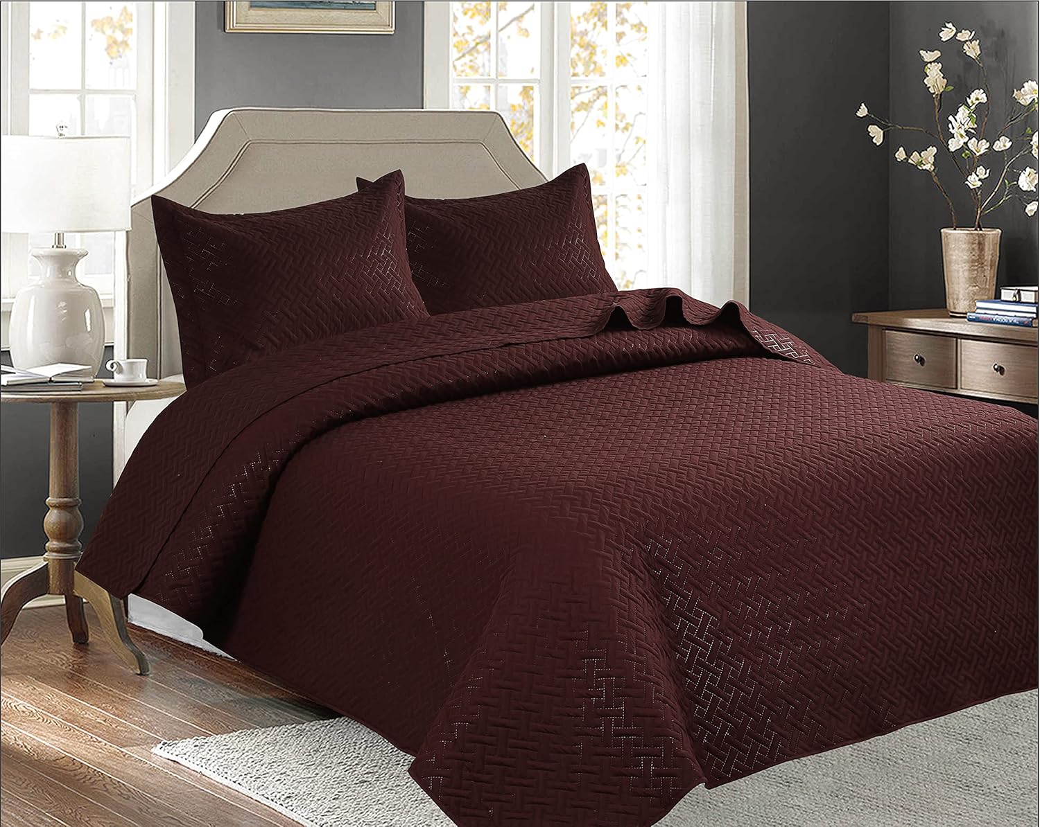 Legacy Decor 3 PCS Bedspread Quilt Coverlet Pinsonic Finish All Season Oversized Queen Brown Color