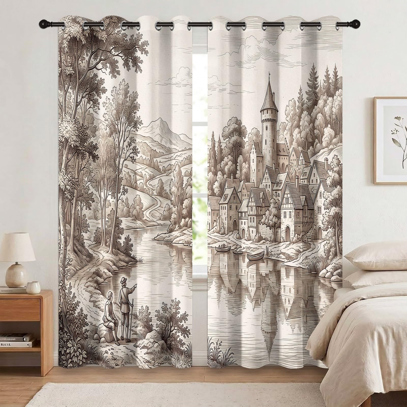 Abstrakcyjne zasłony zaciemniające 70 L x 240H cm (2 panele), termoizolacyjne mocowanie z oczkami jednokolorowe jezioro i odbicie na wodzie do domowego biura, brązowe