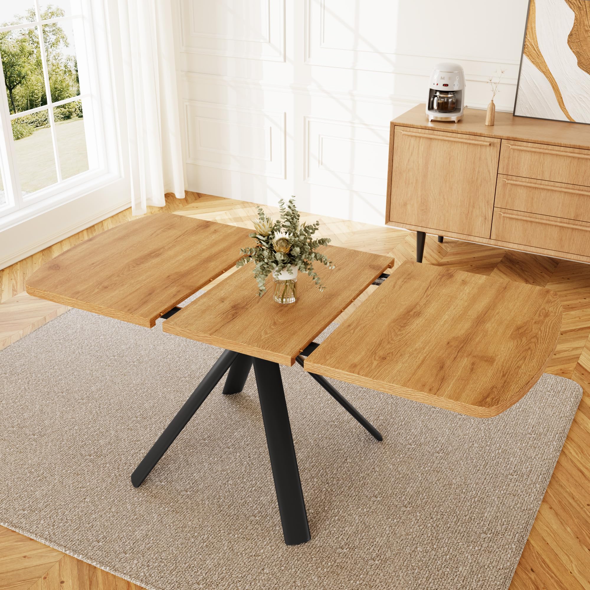 JIEXI Esstisch ausziehbar, moderner Ausziehtisch 120-160 cm für 4-6 Personen, Küchentisch in Eiche-Optik mit schwarzem Metallgestell, Esszimmertisch für Küche Esszimmer Wohnküche