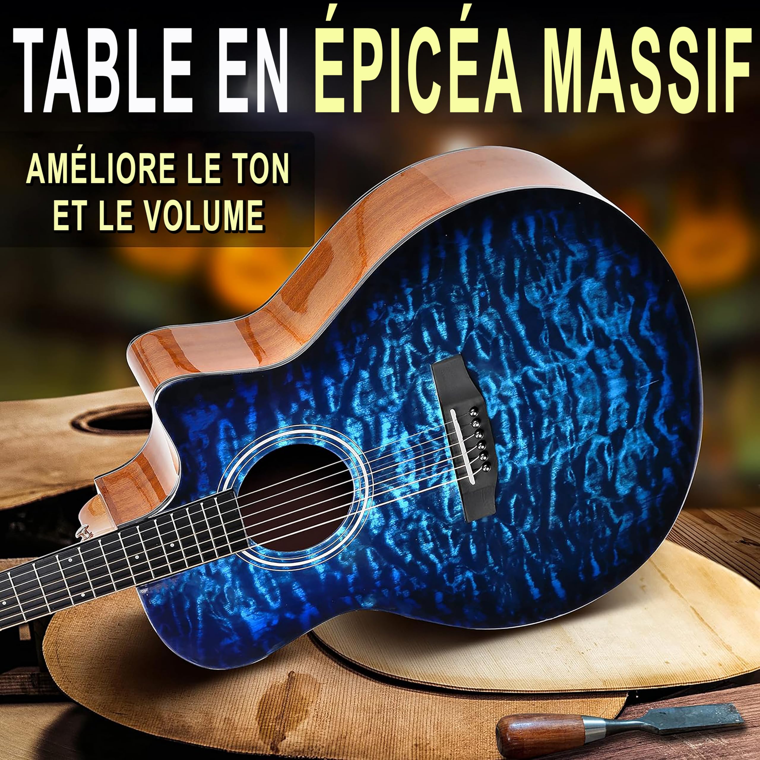 Pyle Blue Ocean Ripple est une guitare acoustique à cordes en acier, dotée d'une table en épicéa massif et d'une finition brillante.Elle est de taille complète et comprend un kit d'accessoires complet