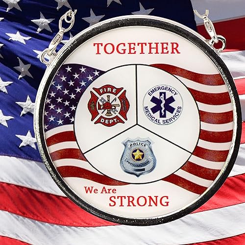 Miniatura 2 de First Responder Suncatcher - Rescate de bomberos - Policía - Médico - Juntos somos fuertes - Bandera estadounidense - 3 pulgadas de diámetro.