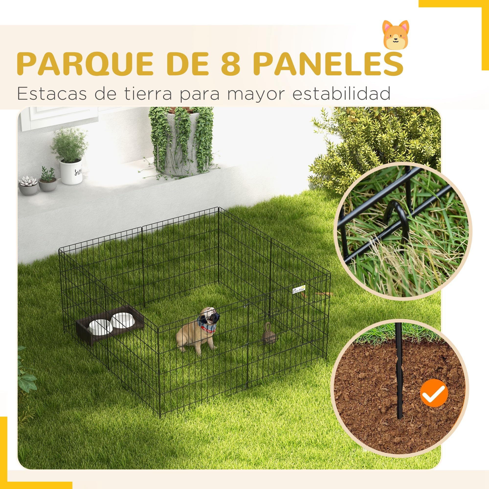 PawHut Parque de Juegos para Perros de 8 Paneles 61x61 cm Corralito para Perros Plegable con Puerta Doble Cerradura y Forma Personalizable para Jardín Patio Negro