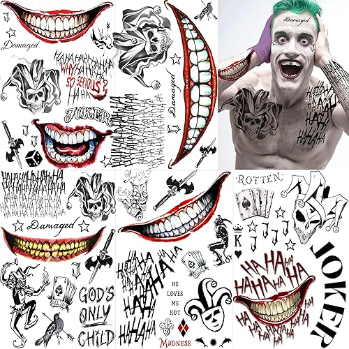 5 hojas de tatuajes temporales de Joker 3D para hombres, mujeres y adultos, kit de maquillaje de Halloween, payaso fantasma, sonrisa aterradora,