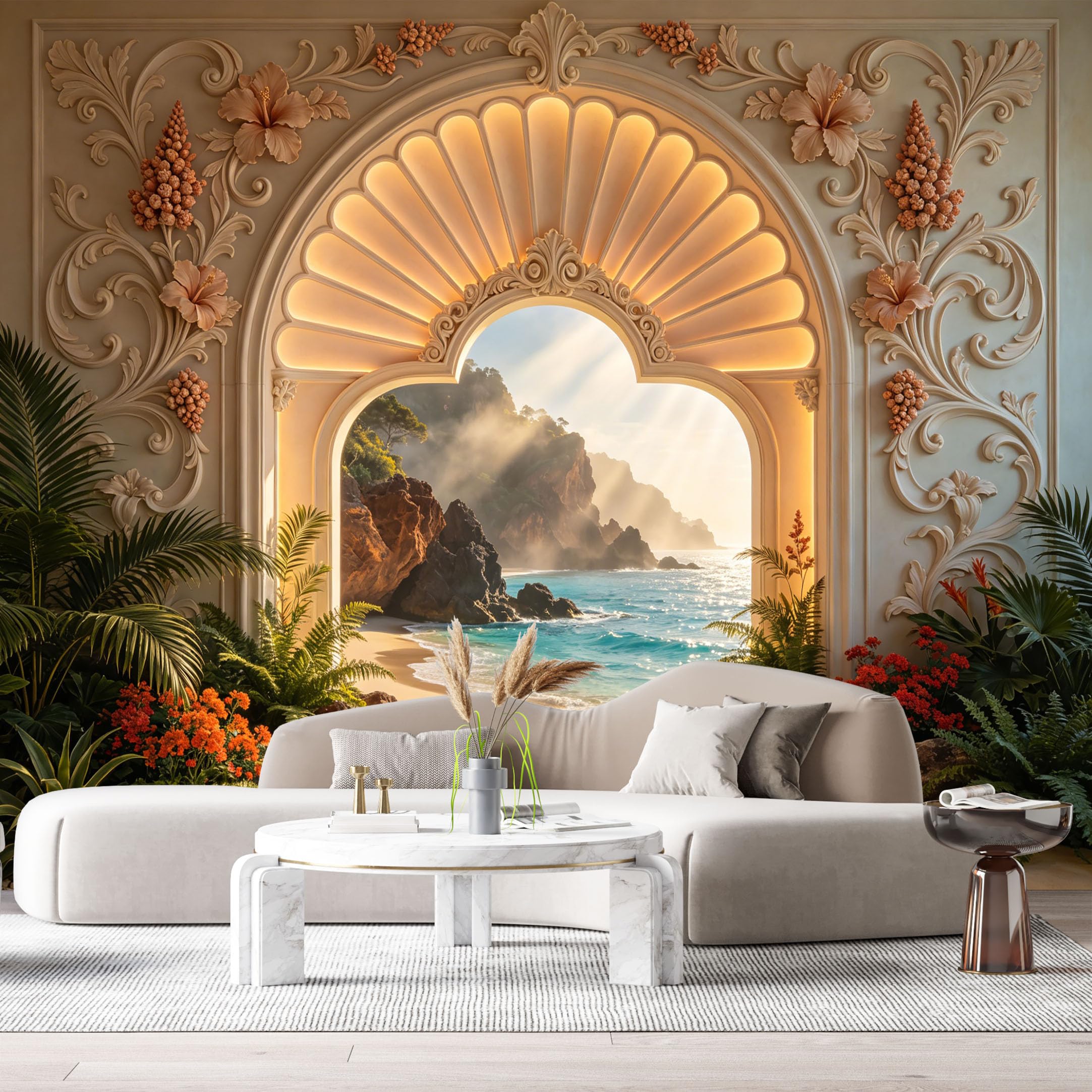 Custom Size Wall Murals Coastal Tropical Shell Archway Fan Light 3D Trompe L'Oeil SelfAdhesiveWall Fabric Removable Wallpaper Wall Decor for Living Room Bedroom Bathroom