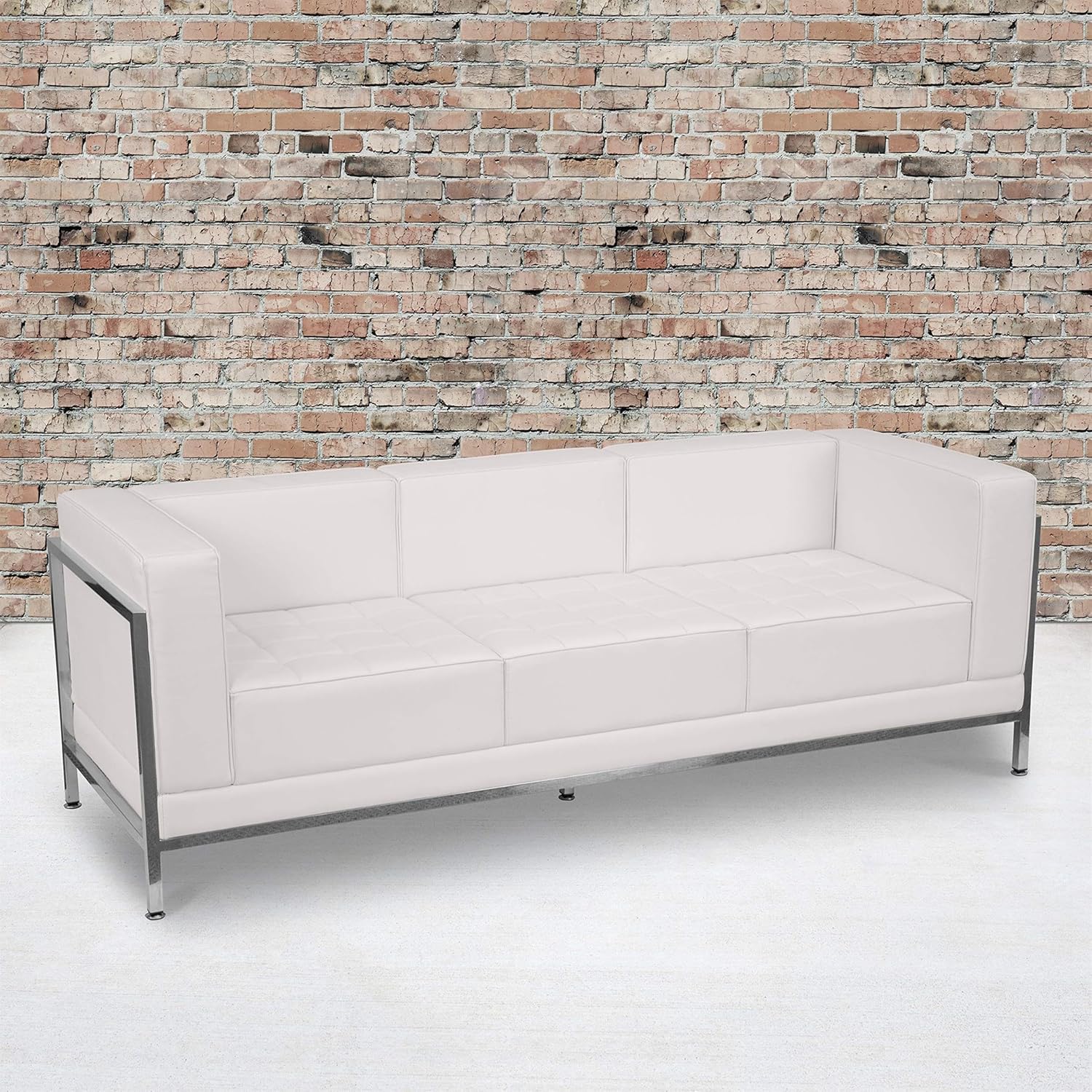 BOWERY HILL Leather Upholstered Reception Sofa, White Finish, 79" W x 28.75" D x 27.25" H, Straight Arms, Tufted Seat, Foam Cushions, Stainless Steel Legs, Contemporary Style Office or Lobby Seating