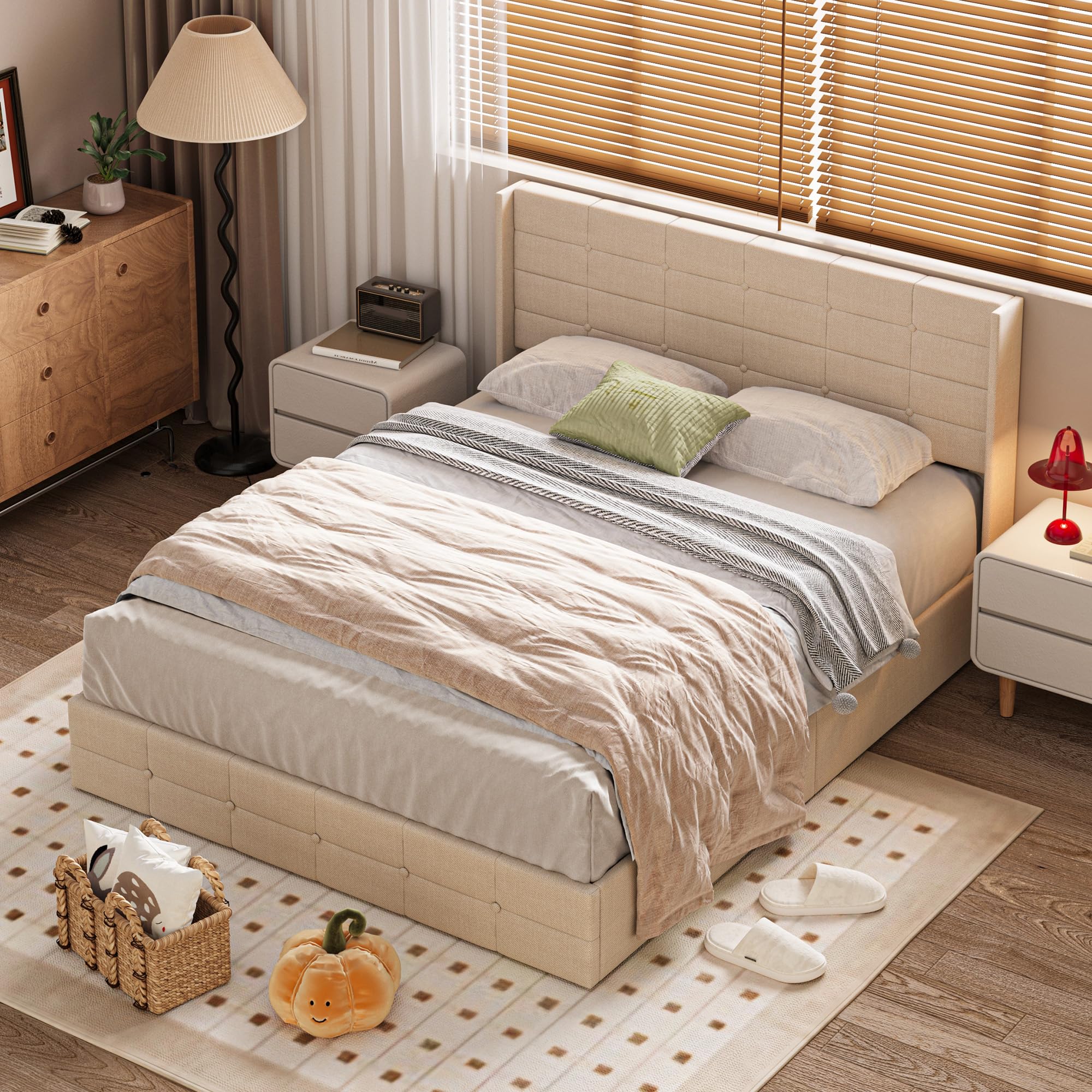 Lit Coffre 160x200 cm, lit Hydraulique avec Étagères Ouvertes et Rangement Caché en Tête de Lit Capitonné, Cadre de Lit, Sommier à Lattes, sans Matelas, (Beige, 160x200cm)