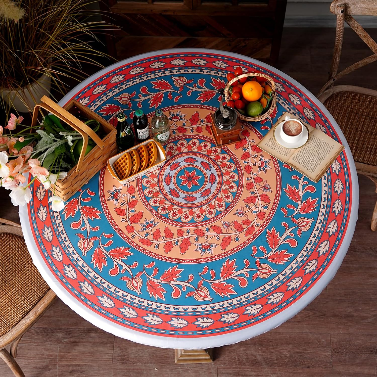 Round Fitted Tablecloth with Elastic Moroccan Waterproof Oli Proof Boho Table Cover Wipeable Vinyl Table Protector for Home Picnic Outdoor (Orange and Blue, 46"-55" Round Tight Fit)