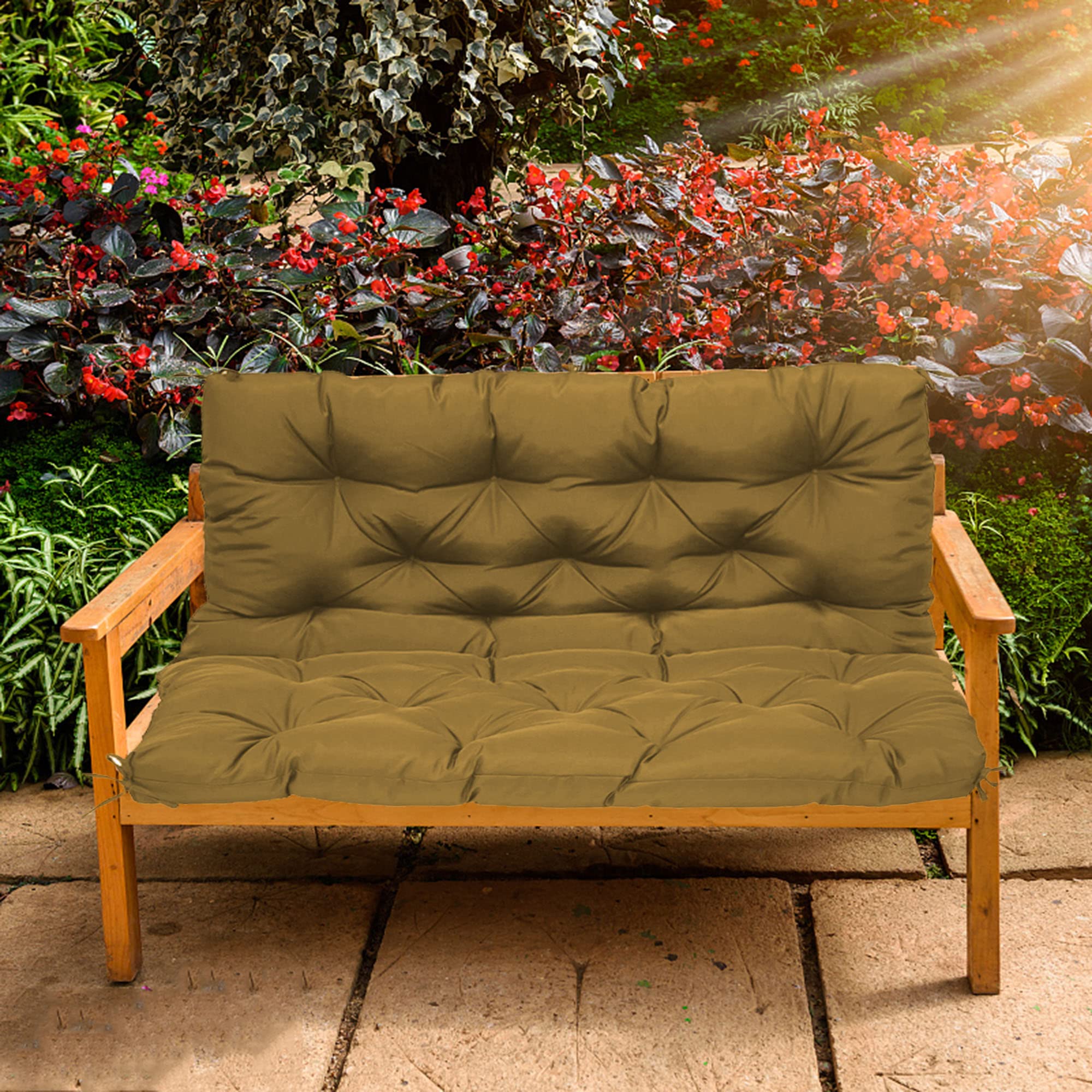 Coussin de banc imperméable kaki 120x100x10 cm avec dossier pour terrasse