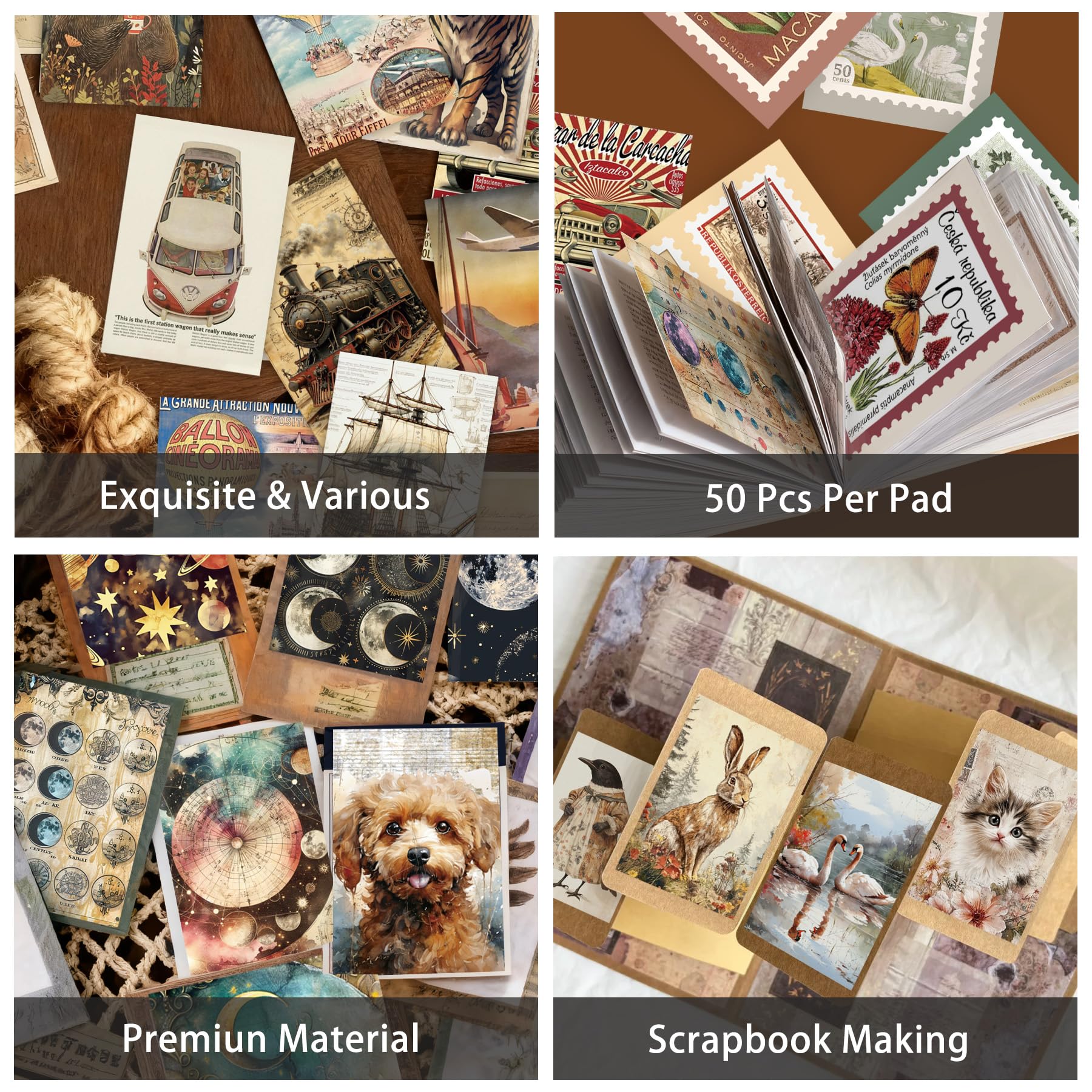 300 pezzi vintage Washi adesivi libro | Ephemera - Set di 6 temi per diari, scrapbooking, bullet journal, riutilizzabili e riposizionabili