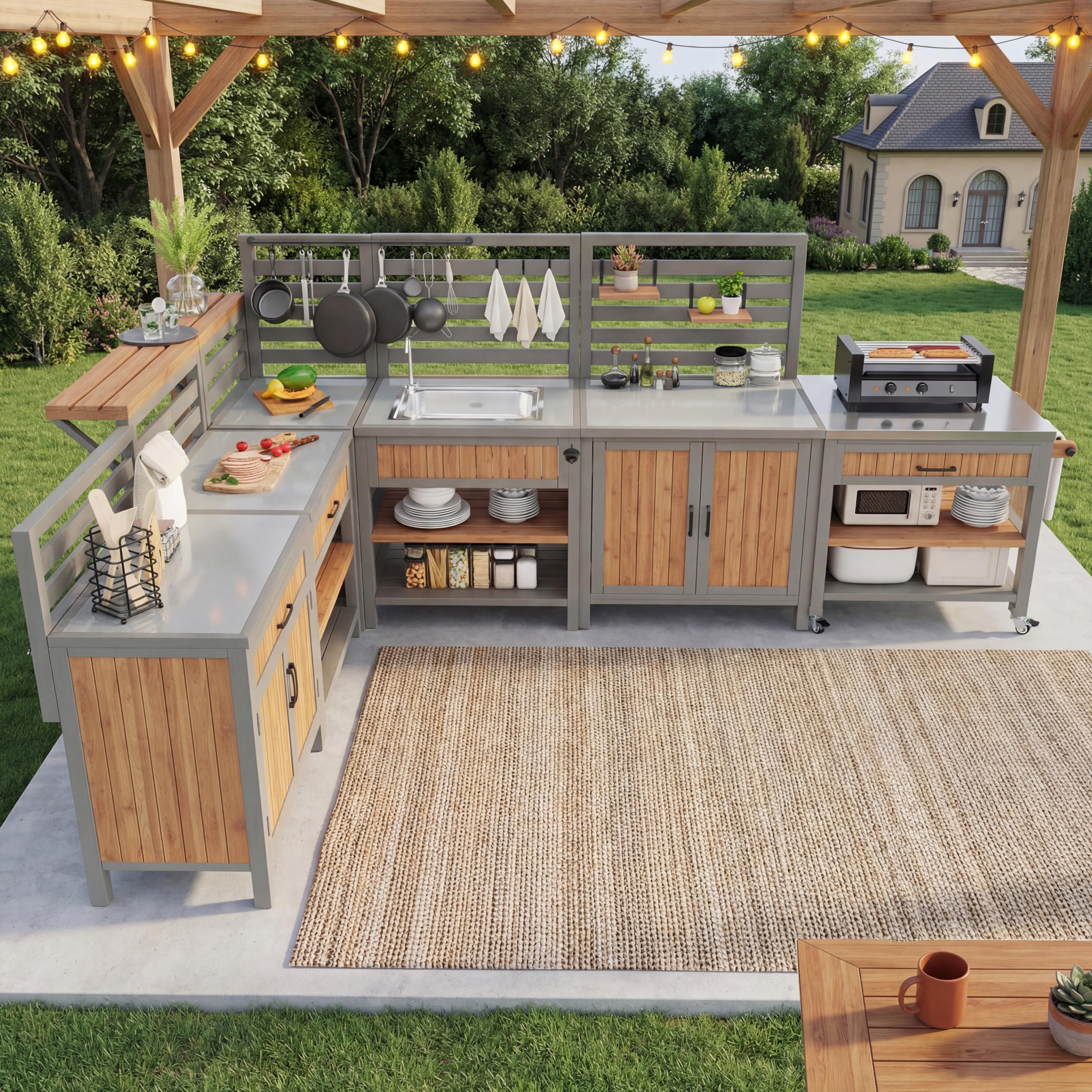 Merax Outdoor Kitchen Unit, Rustic, 80x51x91.5cm, Natural F, Solid Wood, with Wheels, Stainless Steel Worktop, Drawer, Double Shelf, Towel Rack — view 7
