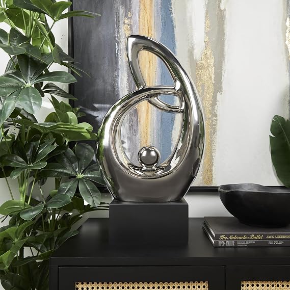 Deco 79 Ceramic Abstract Decorative Sculpture Looped Home Decor Statue with Black Block Base, Accent Figurine 14 x 7 x 25, Silver