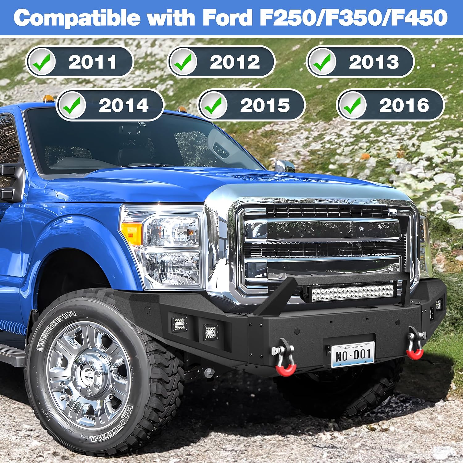 Front Bumper + Rear Bumper Combo w/Winch Plate and LED Lights, Compatible with 2011-2016 Ford F250 F350 F450, Textured Black Stainless Steel Pickup Bumper