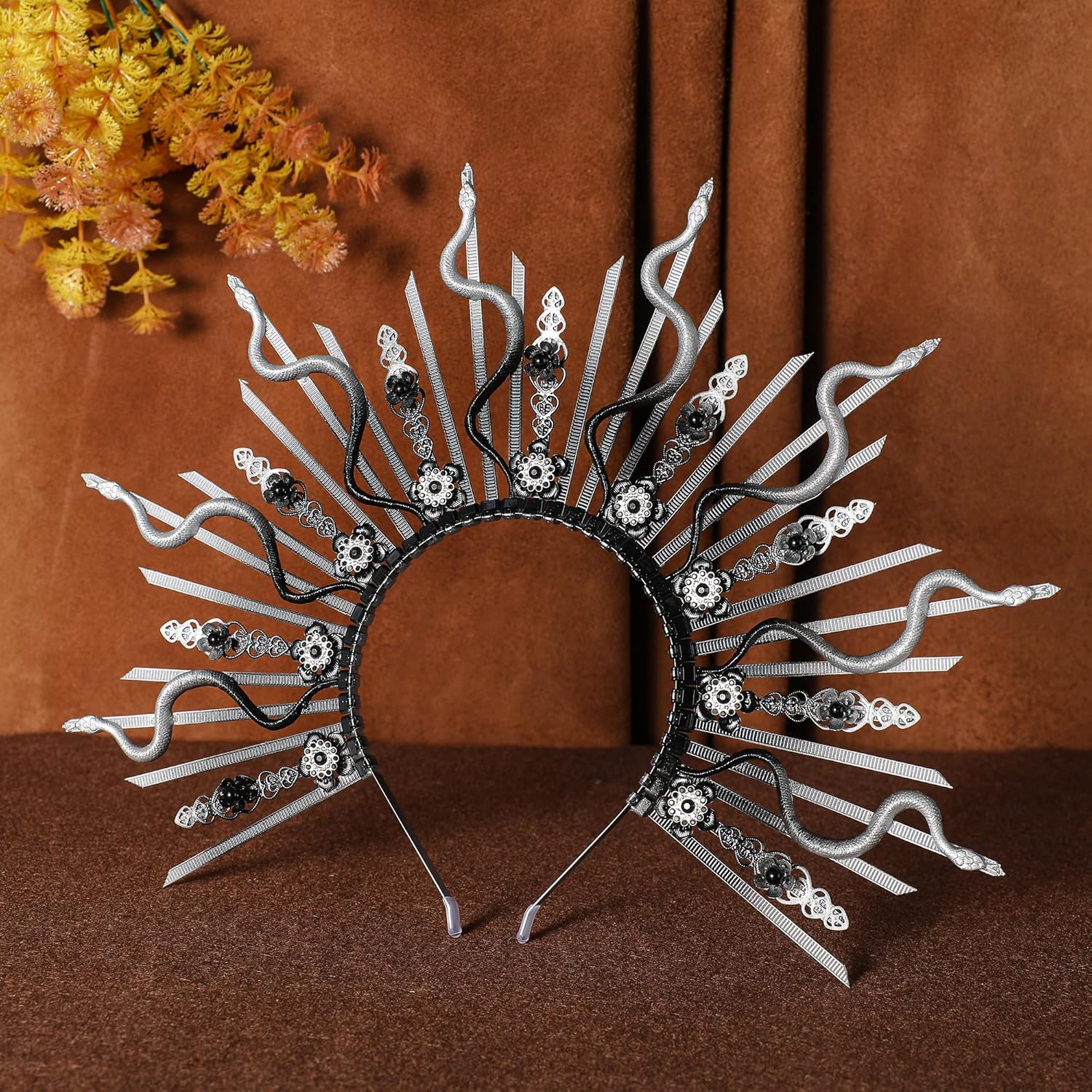 Medusa Snake Halo Crown - Silver Black Spiked Gothic Headband with Flower Rhinestones, Fantasy Sunburst Sun Greek Goddess Headpiece for Women Renaissance Halloween Cosplay Renfaire Costume - Image 4