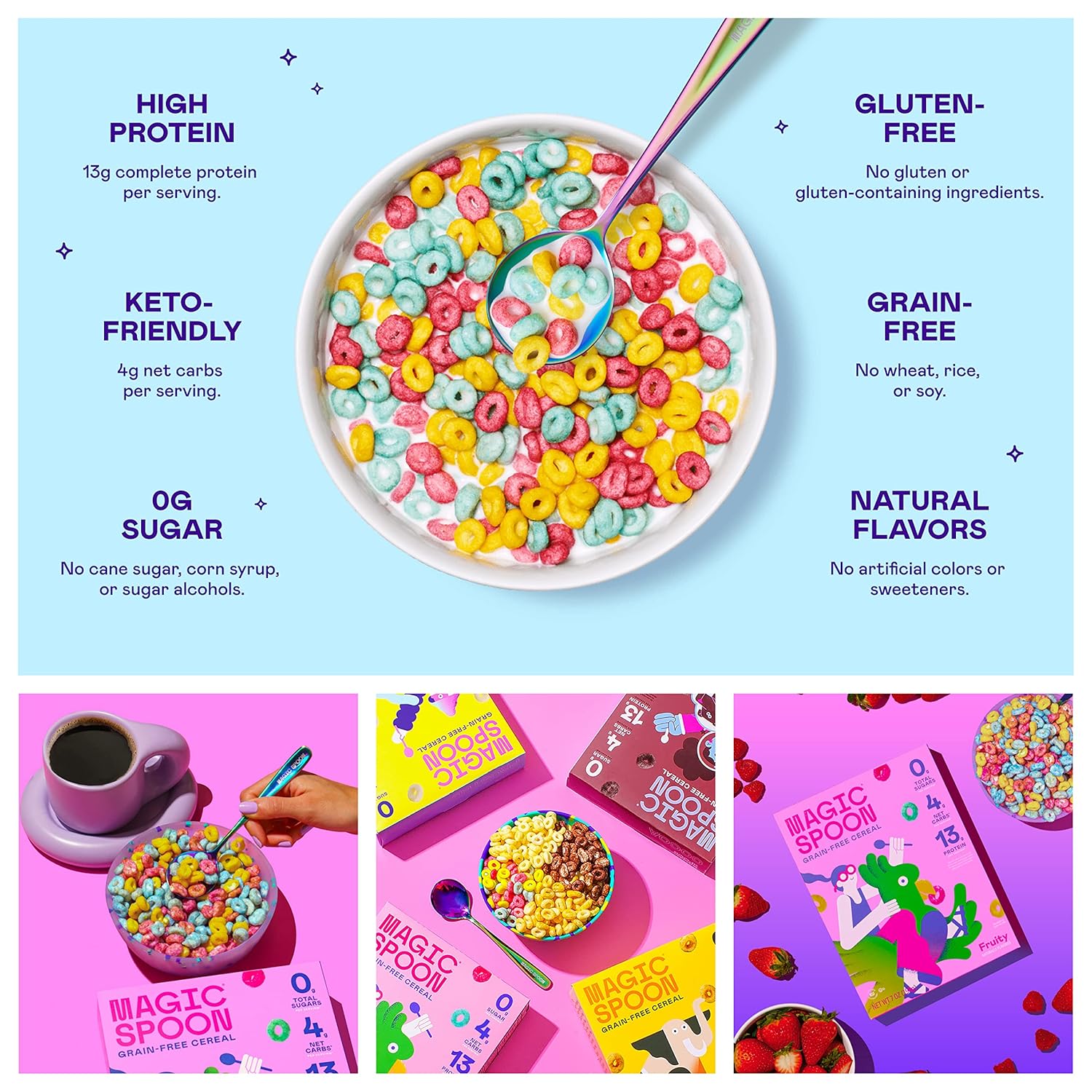 Magic Spoon Cereal - High Protein Cereals - Sugar Free Snacks & Breakfast Food - Grain & Gluten Free Cereal - Healthy Snacks for Kids & Adults - Low Carb & Keto Friendly - 4 Pack, Fruity