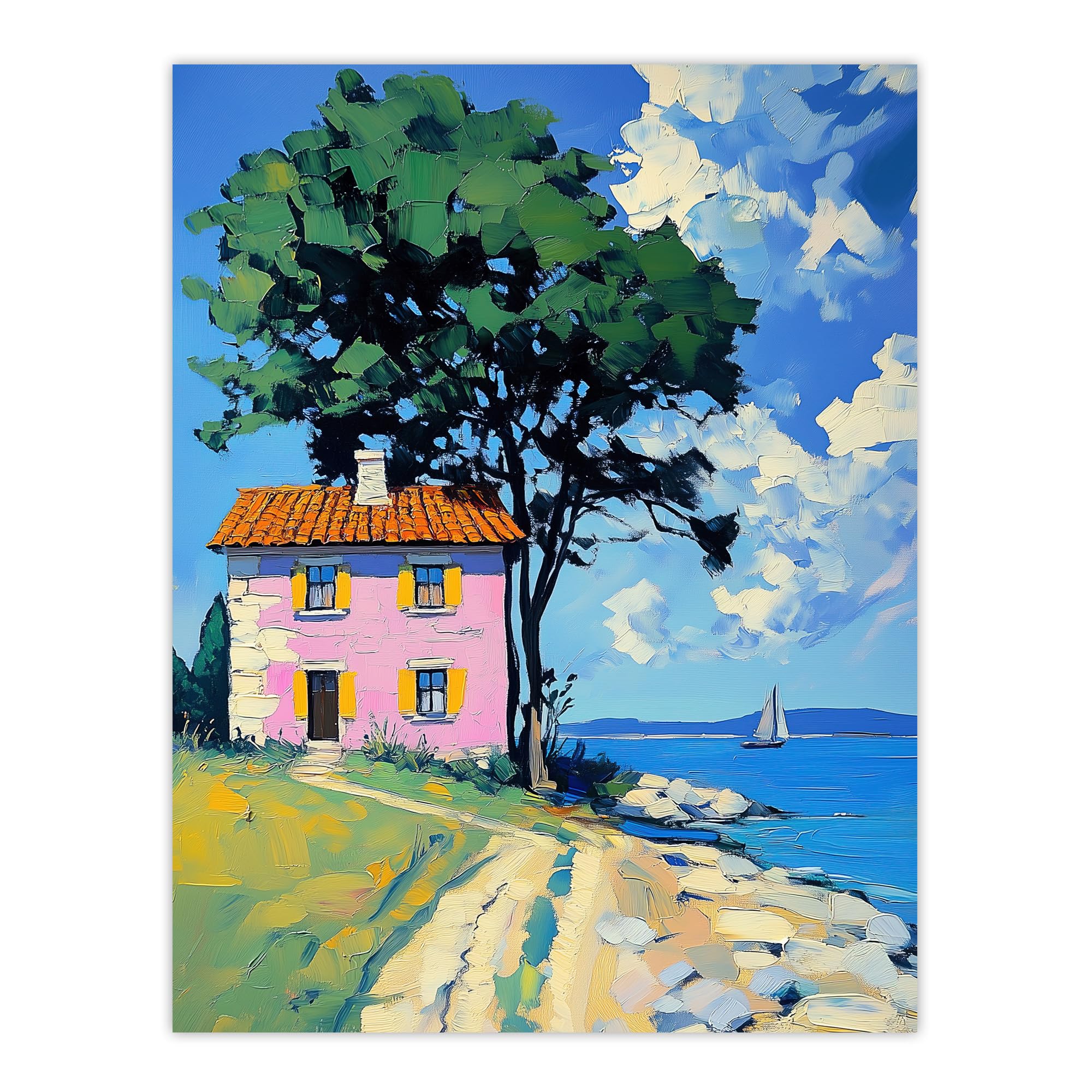 Artery8 Pink Village Cottage Coastal Greece Landscape Living Room Extra Large XL Wall Art Poster Print