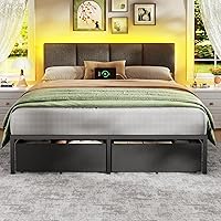 Vista 6 de Furnulem Marco de Cama Queen con Cabecera Ajustable, Cama Tapizada con 2 Cajones de Almacenamiento, Estación de Carga USB Integrada y Luces LED