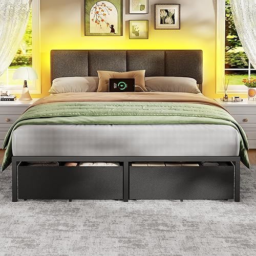 Miniatura 6 de Furnulem Marco de Cama Queen con Cabecera Ajustable, Cama Tapizada con 2 Cajones de Almacenamiento, Estación de Carga USB Integrada y Luces LED,