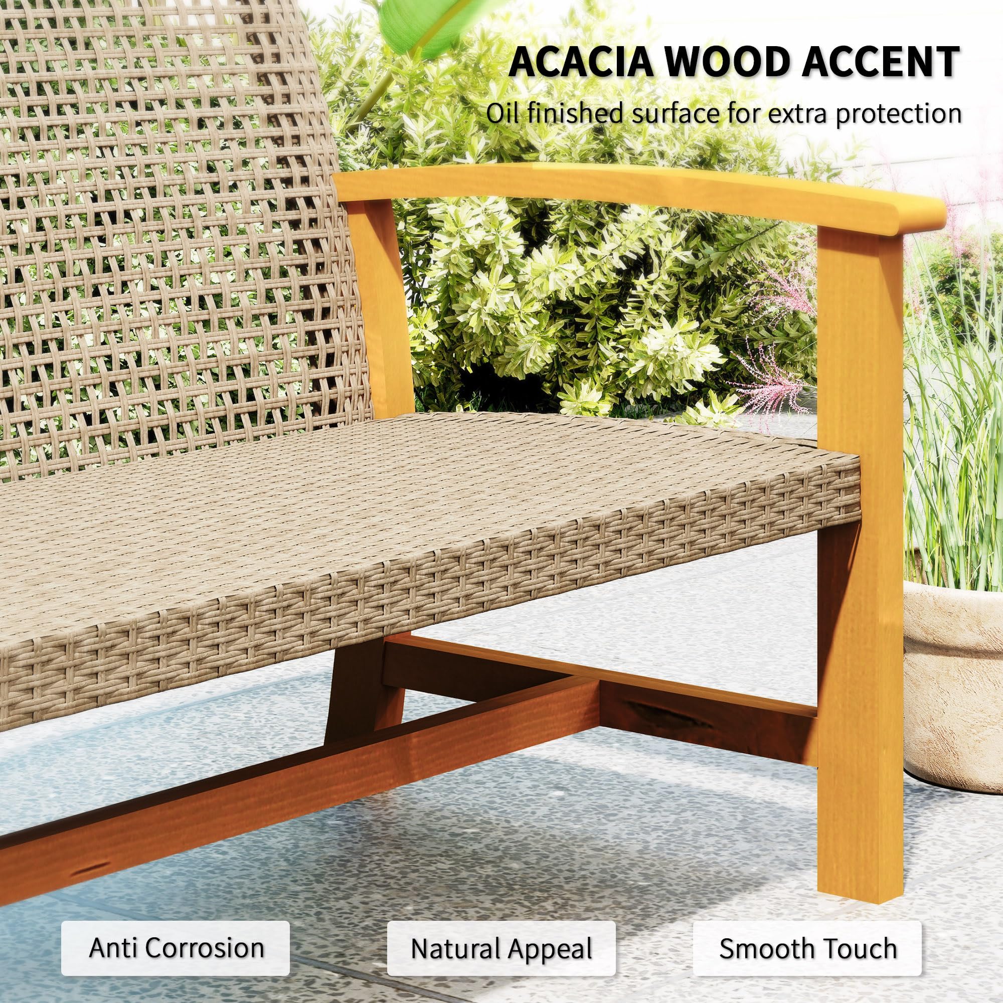 Sofá de mimbre para exteriores, sofá de mimbre para patio al aire libre, 1000 libras de capacidad, muebles de patio de madera de acacia con asiento de acero y reposabrazos para patio trasero 5