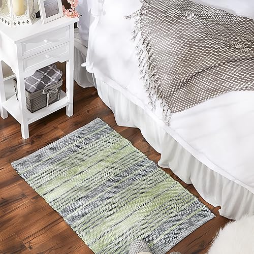 Miniatura 5 de DII Woven Rag Rug Collection - Hilo reciclado a rayas rústicas abigarradas, 2 x 3 pies, color verde cazador