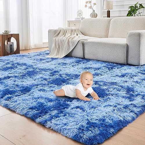 OPPODREAM Area Rug 5x7 for Living Room, Ultra Soft Nursery Rugs for Bedrooms, 5 x 7 Fluffy Kids Carpet with 0.4" Thick Non-Slip Backing, Long Pile Shag Carpet, Fuzzy, Shaggy, Tie-dye Royal Blue