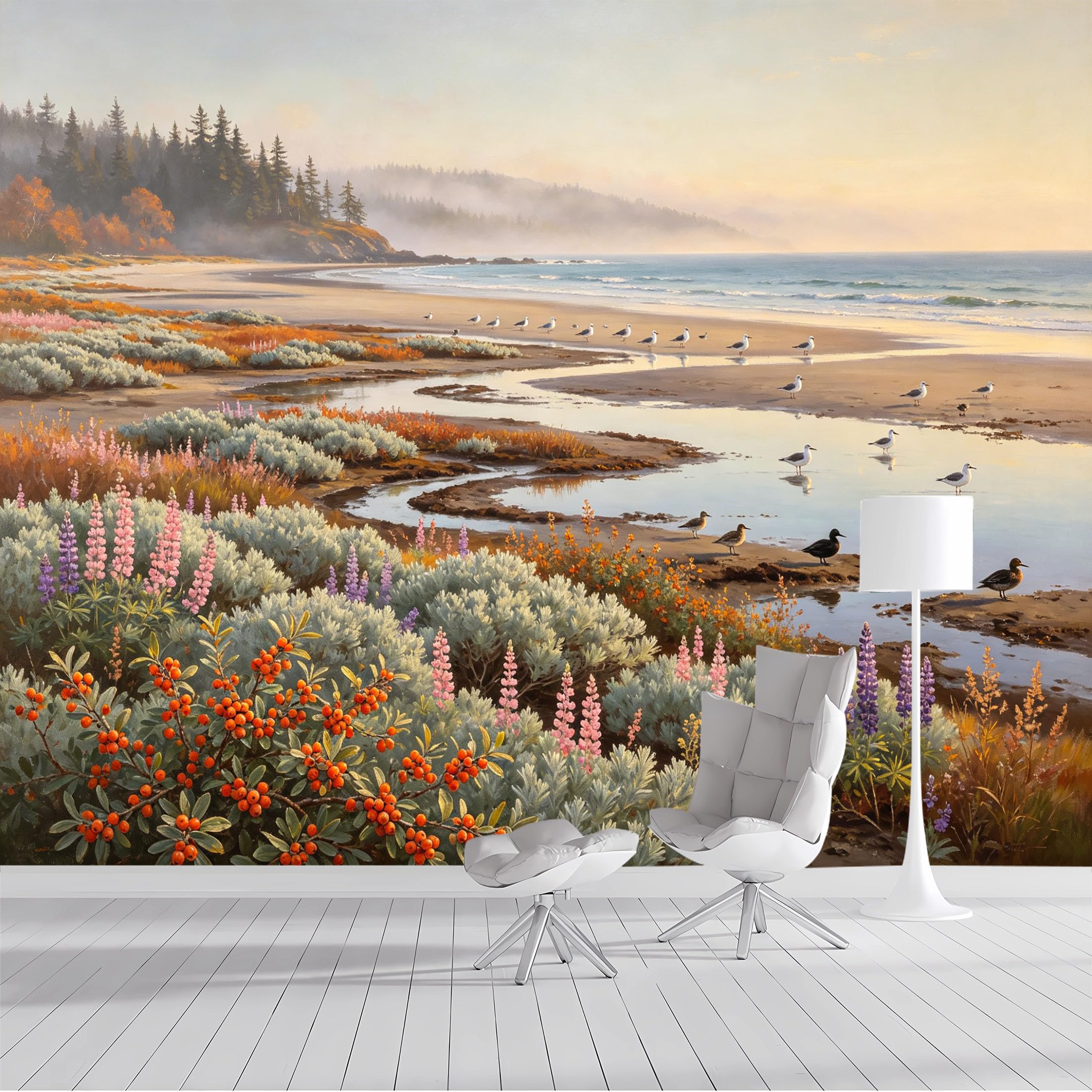 Custom Size Wall Mural Coastal Landscape Seascape Marine Birds Ocean Sunset Oil Painting SelfAdhesive Wall Fabric Removable Peel and Stick Wallpaper for Living Room Bedroom Bathroom