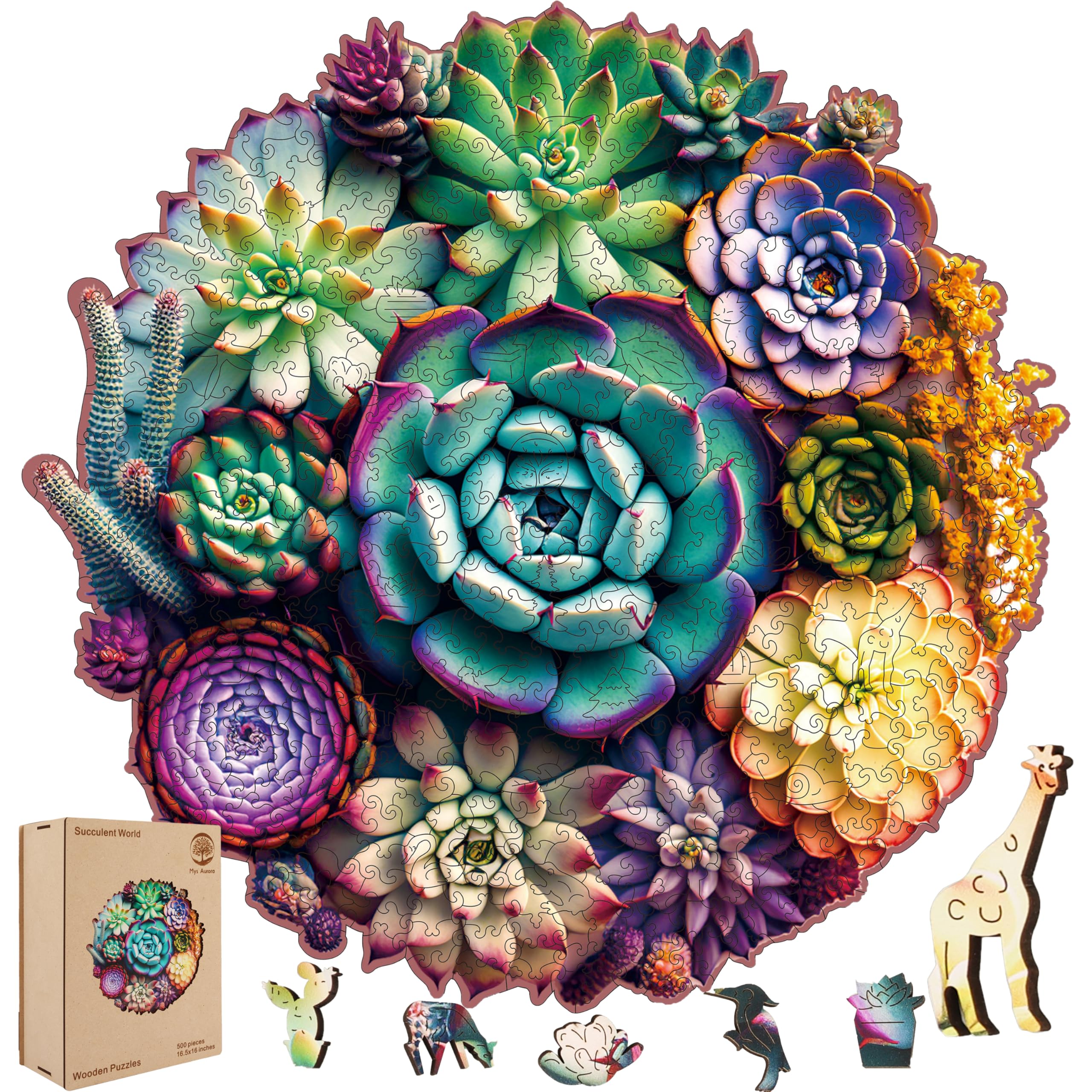 Mandala Succulent Wooden Jigsaw Puzzle for Adults and Kids 500 Pcs Unique Shape Multicolor Wood Storage Box Fun Challenge Family Game Premium Creative Gift for Grandma Rompecabezas Madera