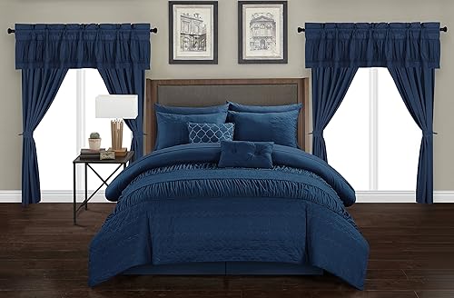 Chic Home Mykonos - Juego de edredón de 20 piezas a rayas con volantes en relieve, Queen, azul marino