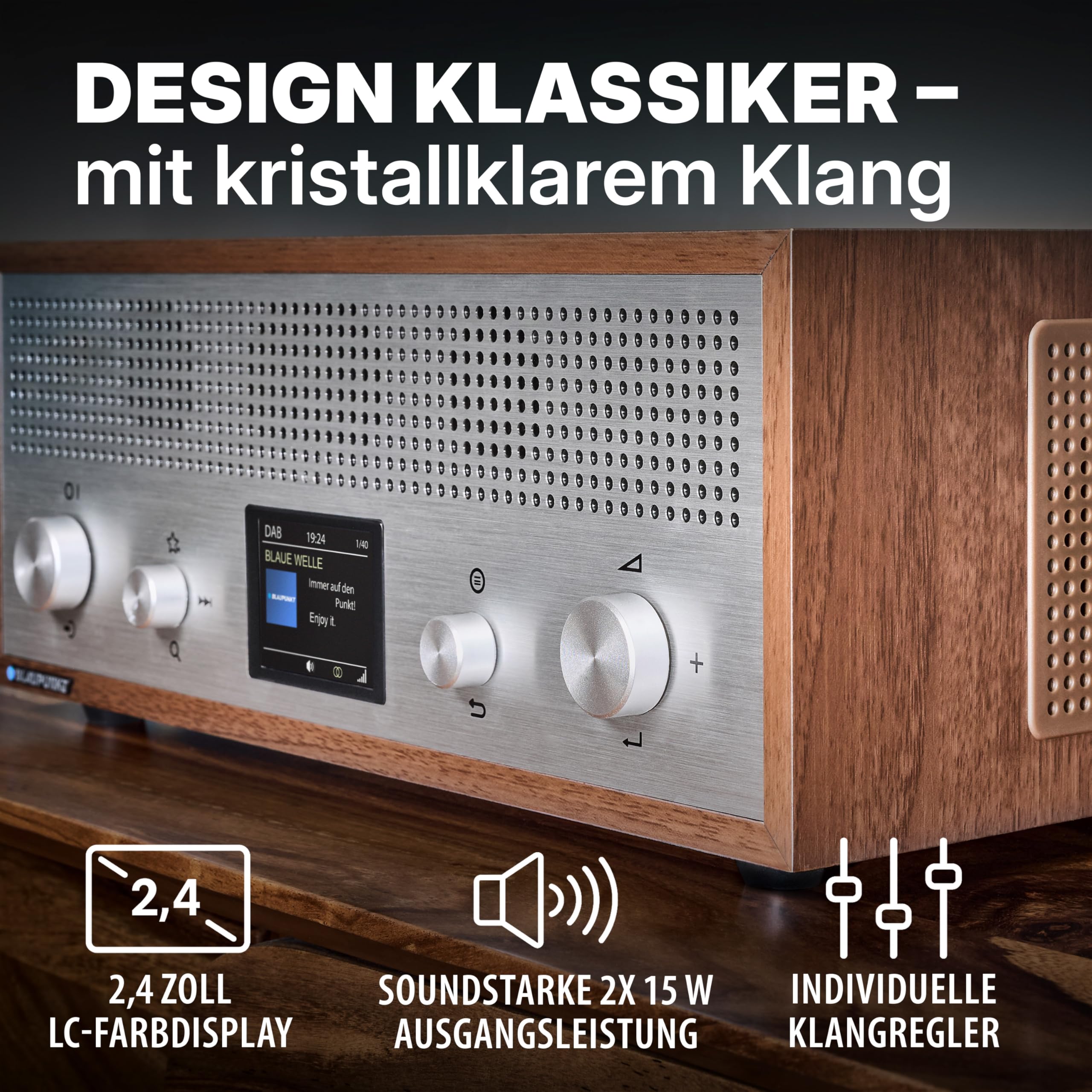 Blaupunkt Verona RXD 190 walnuss, DAB+ Radio Retro Design, Küchenradio mit Bluetooth 5.0, UKW Digitalradio in Holzoptik & Farbdisplay, AUX-In, USB Ladefunktion, 15 W RMS