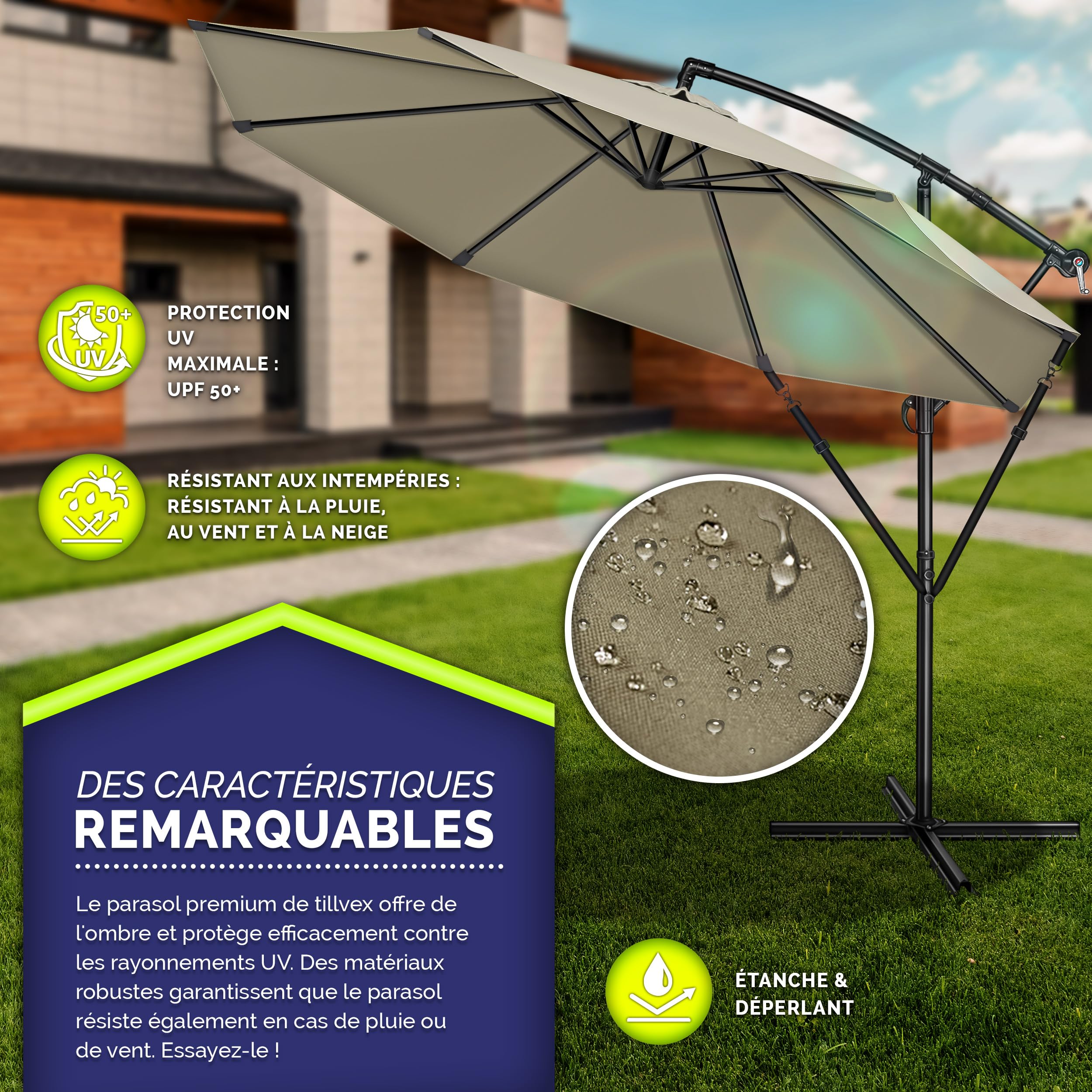 tillvex Parasol déporté hexagonale 3M avec manivelle | Pare-soleil avec pied | Protection UV en aluminium pour le jardin | Parasol à manivelle pour le marché déperlant