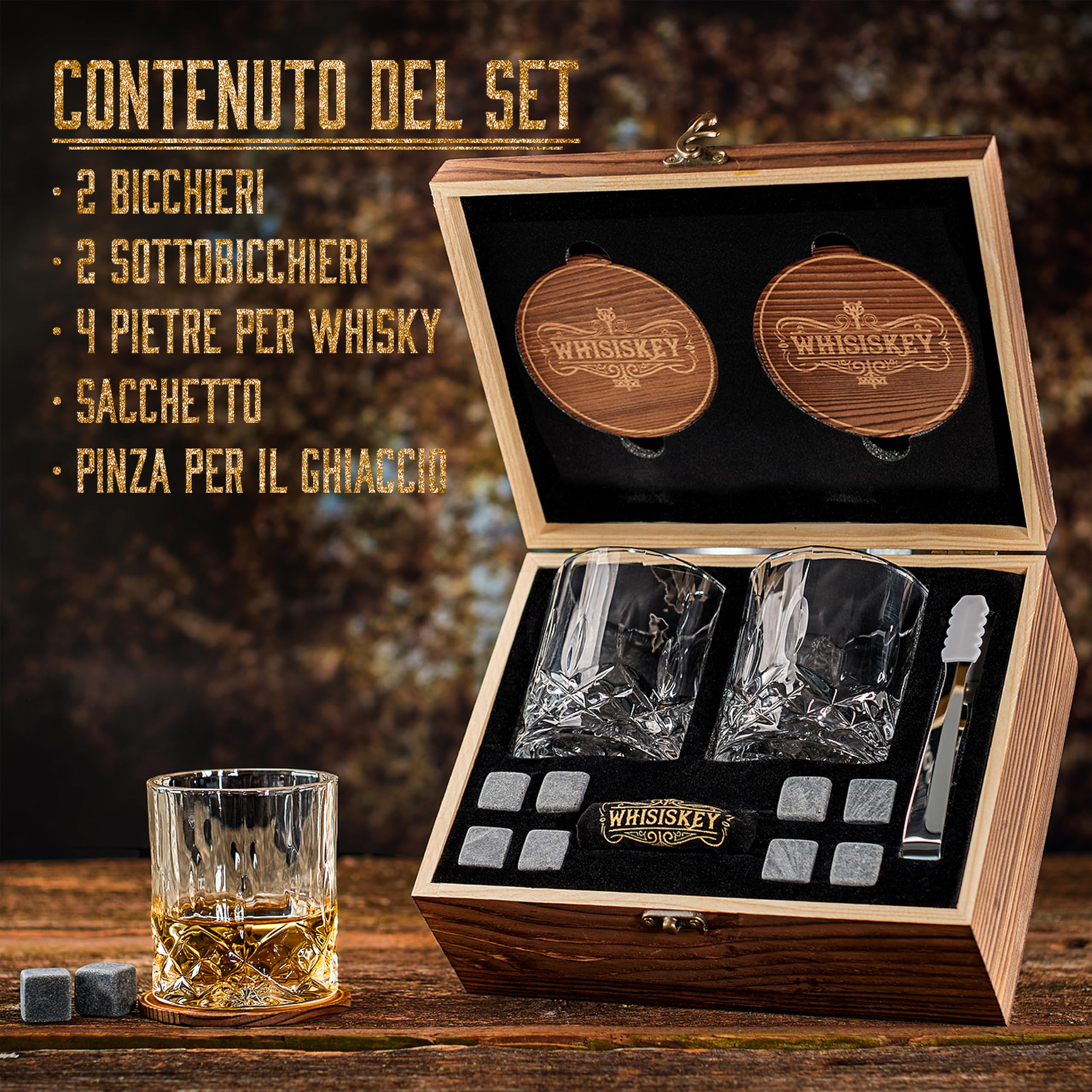 Whisiskey Set Bicchieri da Whisky - Set Whisky Regalo - Idee Regalo Uomo Compleanno - Scatola Regalo, 2 Bicchieri da Whisky x 310ML, 8 Cubetti di Ghiaccio Riutilizzabili, Accessori
