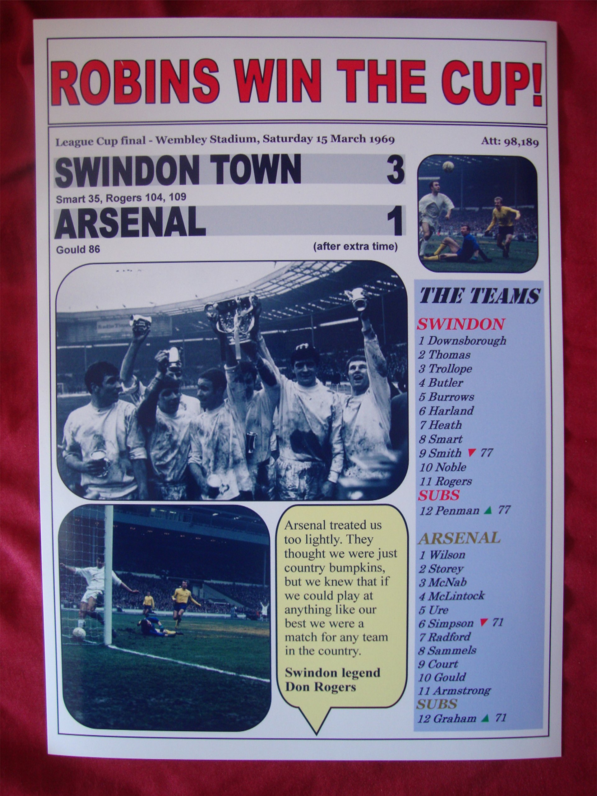 Lilywhite Multimedia White Swindon Town 3 Arsenal 1 - 1969 League Cup Final - Souvenir Print