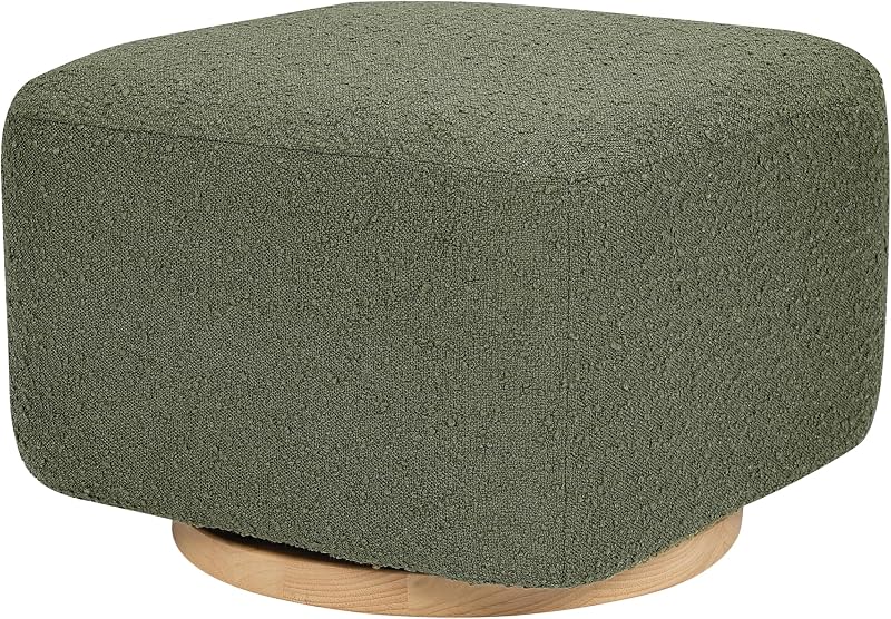 Otomana deslizante Babyletto Kiwi con base de madera clara en Boucle oliva | Otomana deslizante certificada GREENGUARD Gold y CertiPUR-US: reposapiés a juego para el planeador y sillón reclinable de su guardería