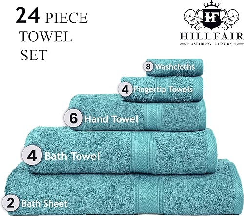 Vista 187 de HILLFAIR Juego de 12 toallas de algodón de 21.16 oz/m², 2 toallas de baño, 4 toallas de mano, 6 toallas de baño, toallas absorbentes de algodón Azul
