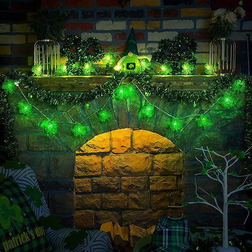 Miniatura 5 de Ceoighe Guirnalda de luces decorativas de trébol del día de San Patricio, 6.56 pies 3D hecha a mano de ratán LED, luces de hadas irlandesas que