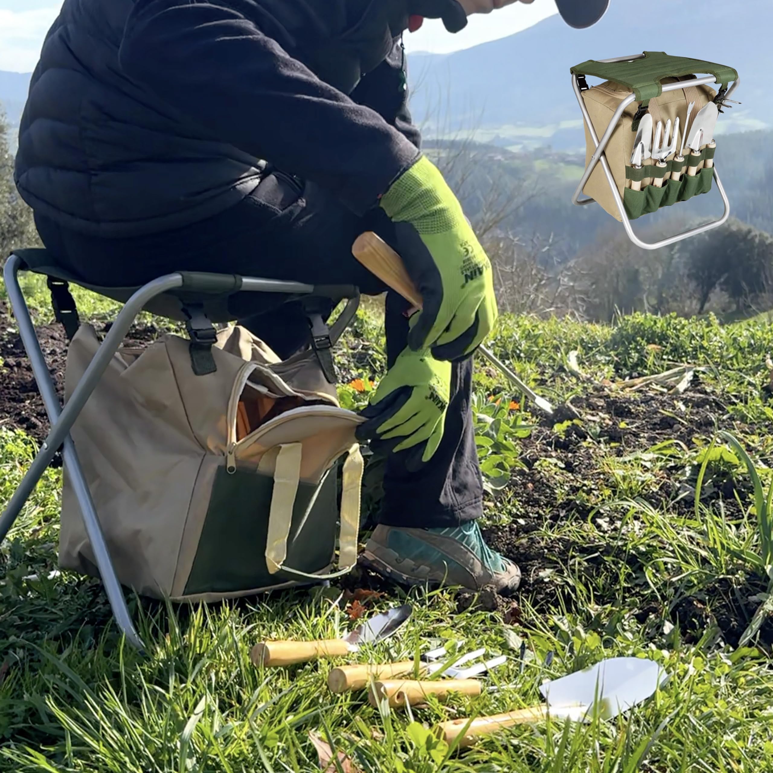 BIKAIN - Herramientas de Jardinería - Taburete Plegable + Bolsa + Herramientas - Kit de Jardinería - Bolsa de Almacemiento con Cremallera - Incluye 5 Herramientas con Mango de Madera