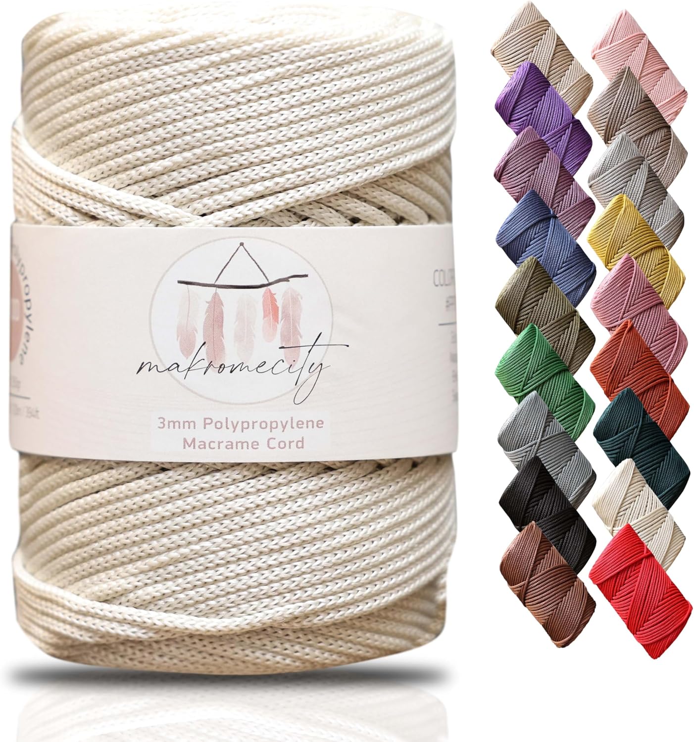 Makromecity 2 Skeins Polyester Macrame Cord 3mm x 131 Yards (394 Feet) Polypropylene Latte Cord for Crochet, Crafts, Wall Hangings, Bags, Underplate, Rug