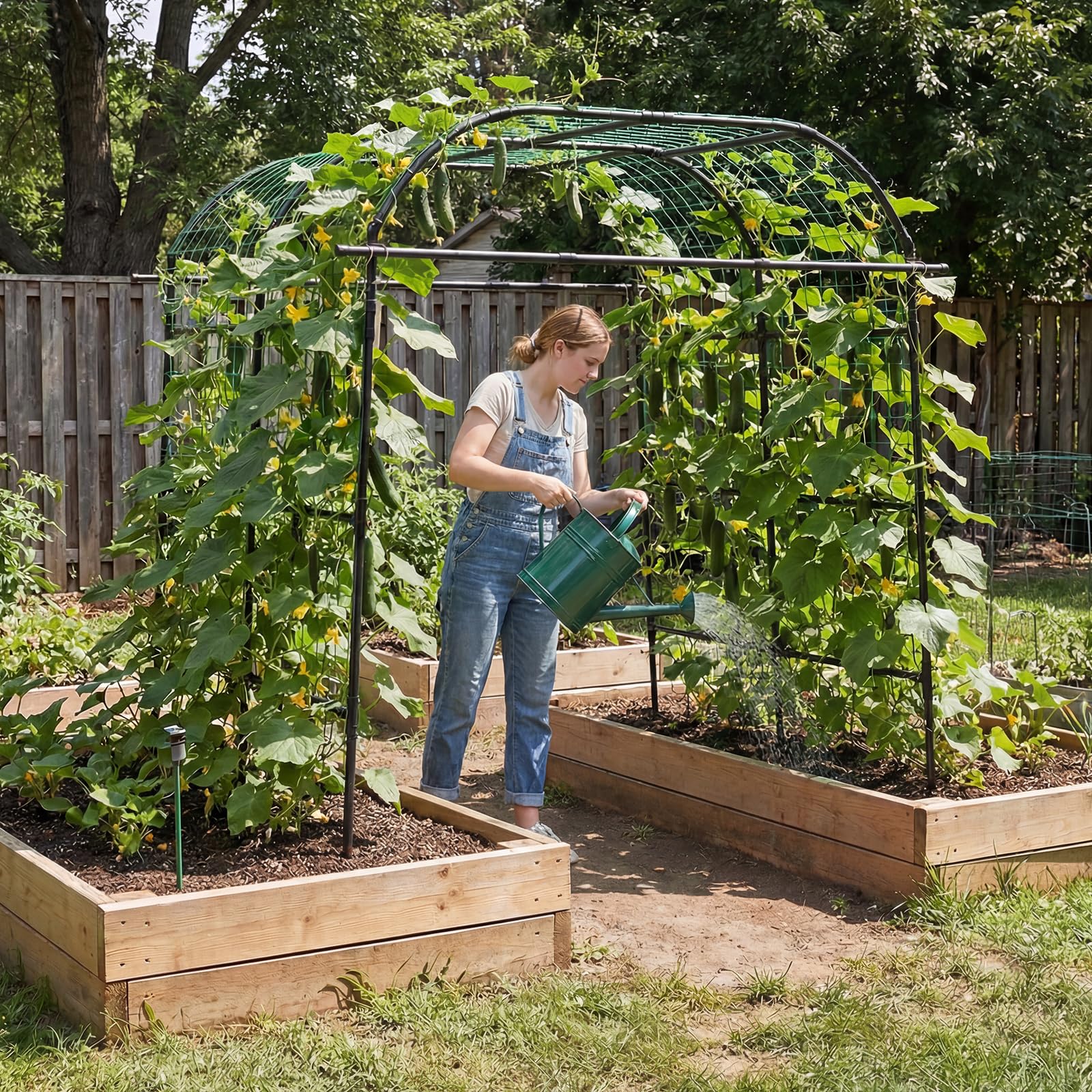 GOPLUS Rankgitter für Kletterpflanzen, 230cm hoch, Gartenbogen Metall mit verstellbare Breite, U-förmige Rankhilfe mit Netz & PE-beschichtet, Rosenbogen Pflanzengitter für Gurken, Blumen & Weinreben