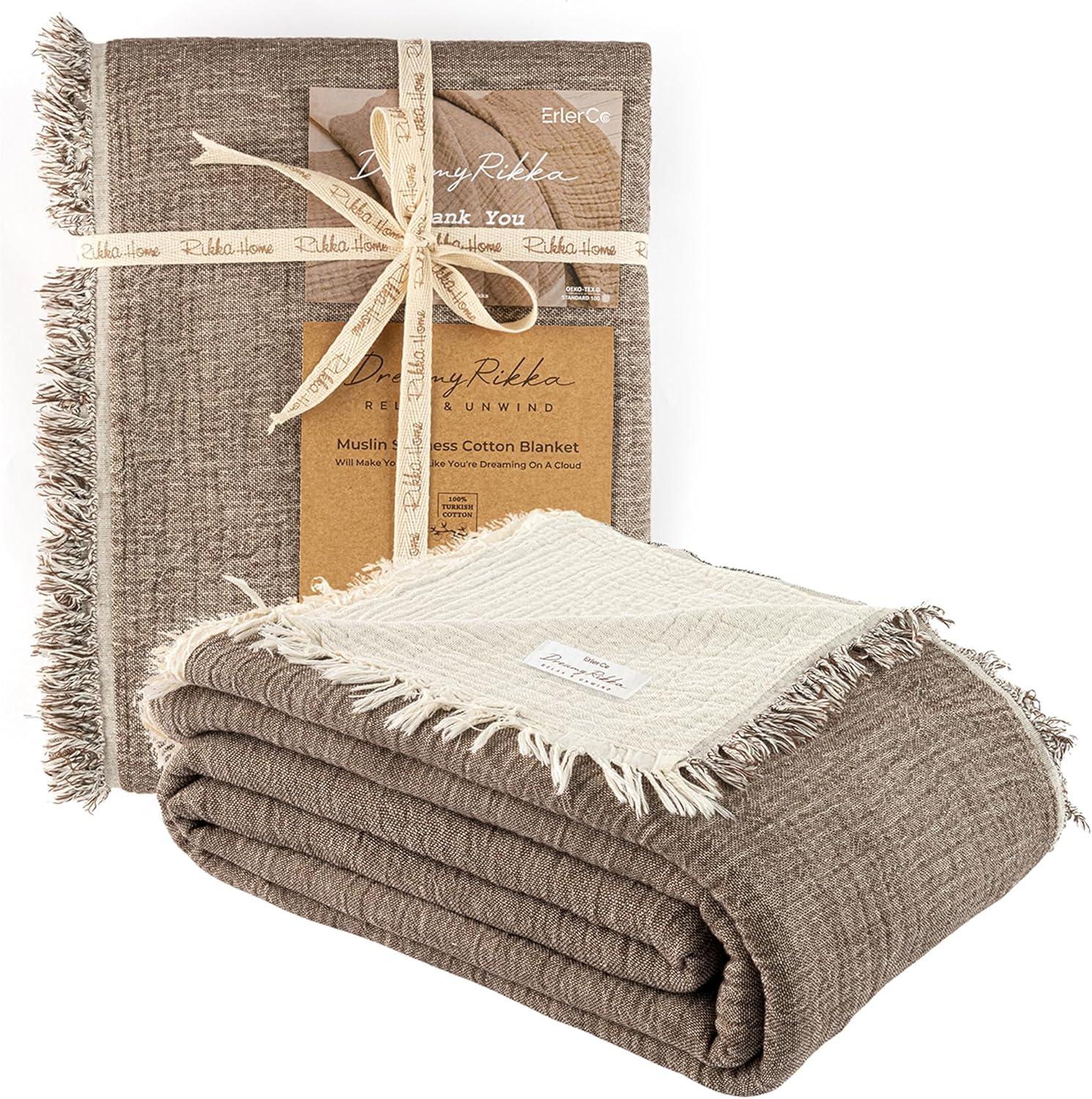 3 Layer Premium Muslin Cotton Bed Blanket – Thick 20/1 Yarn, Substantial Weave, Heavyweight 42 oz (2.6 lb), 83 × 89 in, 100% OEKO-TEX Certified Cotton, Queen Size, Prewashed, Chocolate Ivory