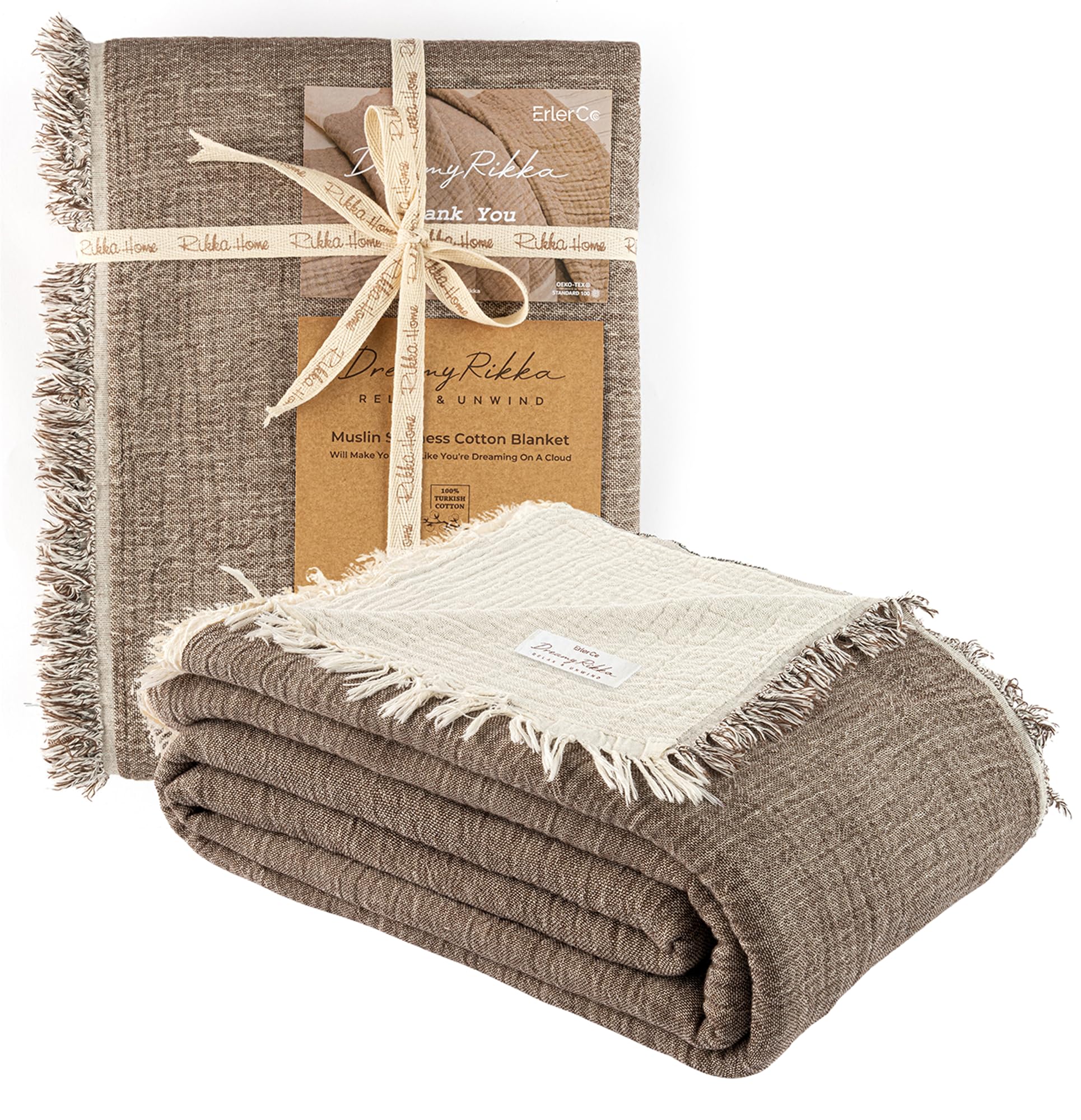 Photo 1 of DREAMY RIKKA Muslin Gauze Cotton Blanket, 100% Oeko-TEX Certified, 3 Layer 2 Ply, Soft Breathable All Season Bedding, Bed Layering Coverlet, Large Queen Size 89 x 95 in, Mocha Brown